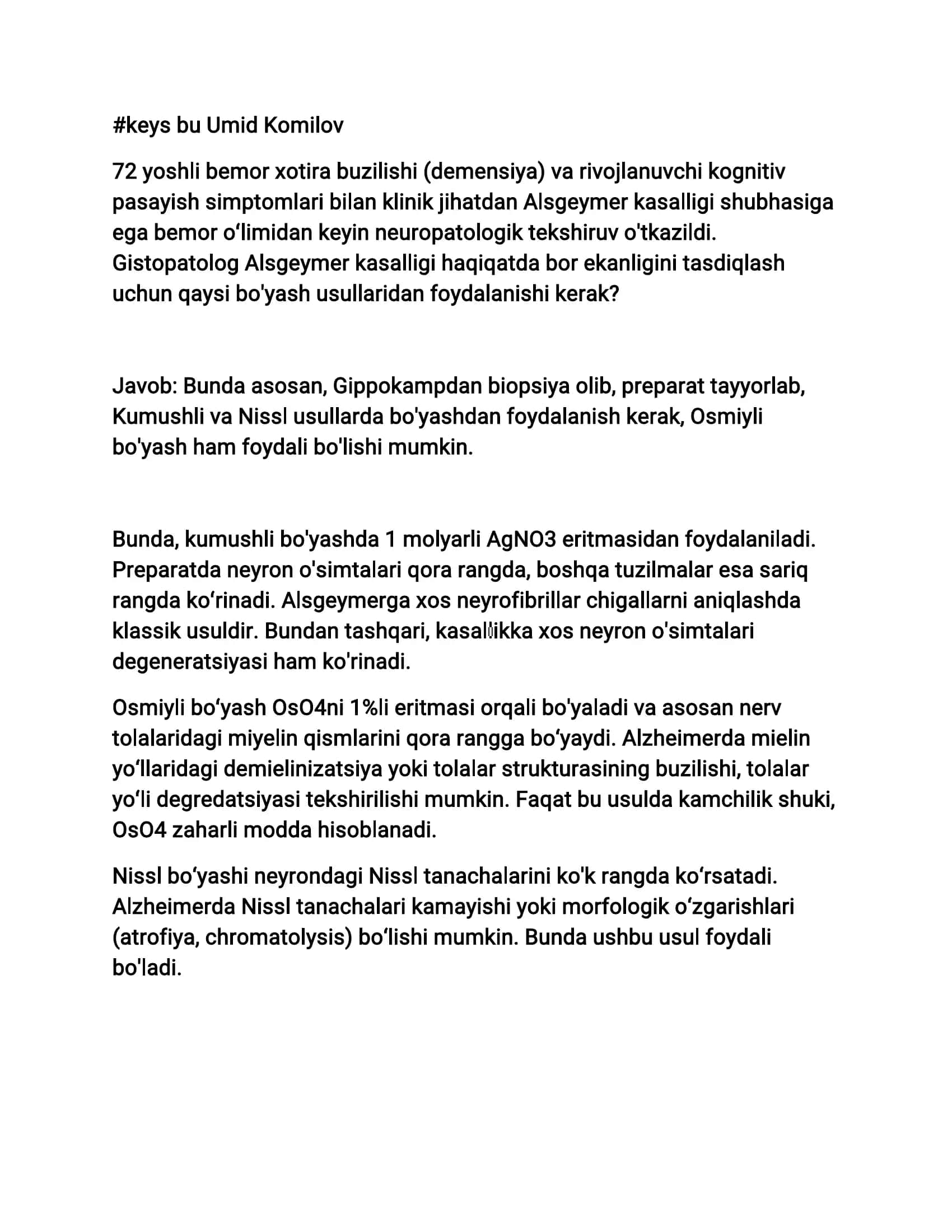 Klinik keys Alzgeymer kasalligida nerv tizimi gistologiyasi