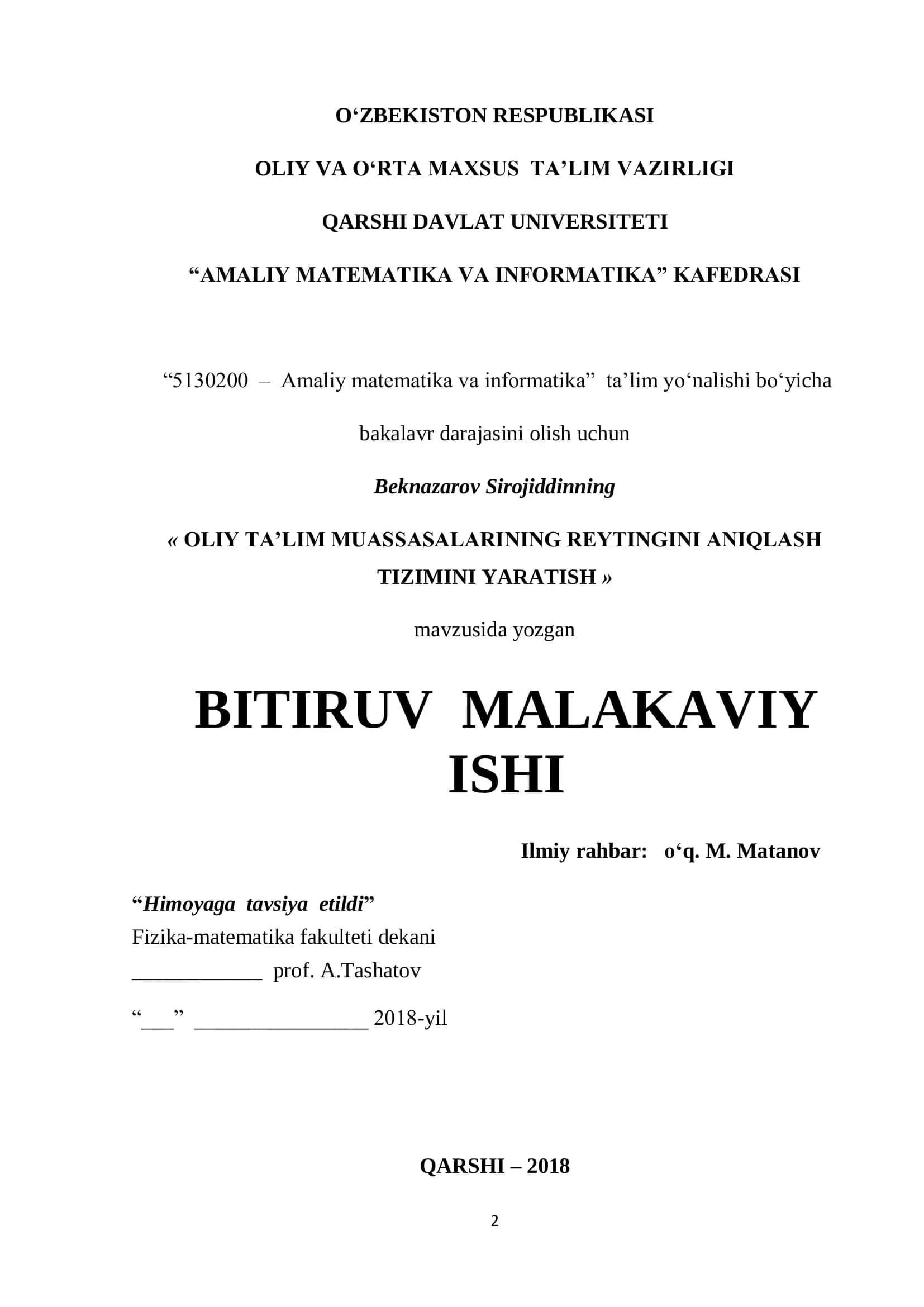 O‘zbekiston Respublikasi Oliy va O‘rta Maxsus Ta’lim Vazirligi Qarshi Davlat Universiteti “Amaliy Matematika va Informatika” Kafedrasi