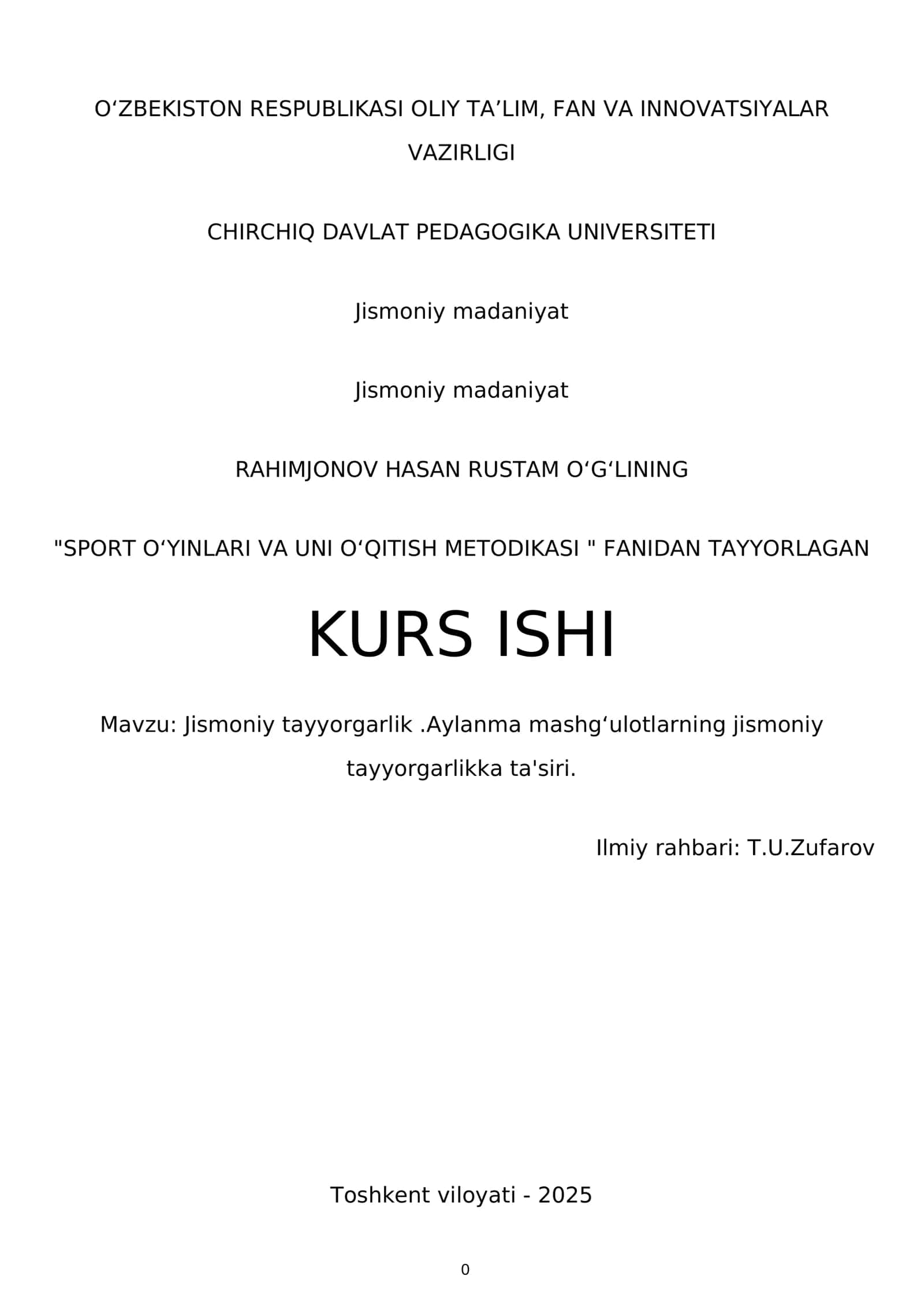 SPORT OʻYINLARI VA UNI OʻQITISH METODIKASI