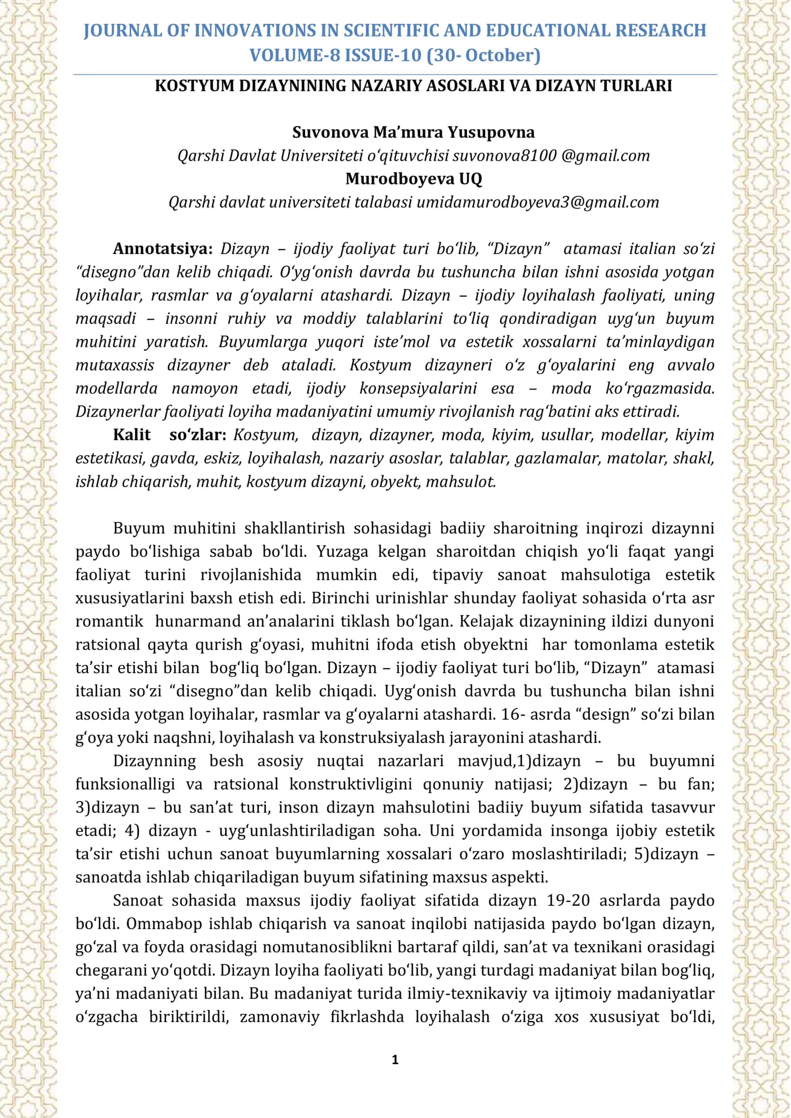 KOSTYUM DIZAYNINING NAZARIY ASOSLARI VA DIZAYN TURLARI