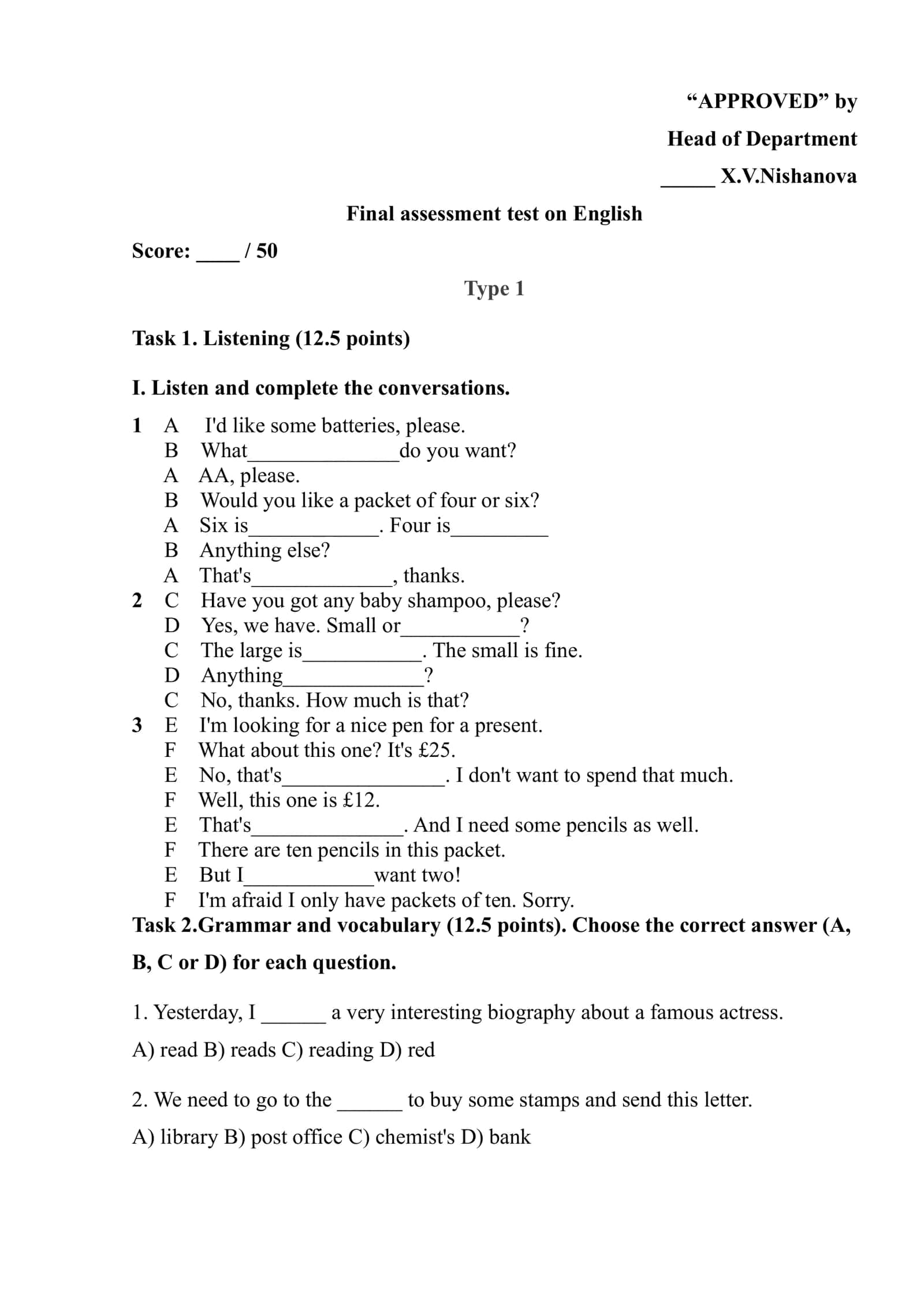 Final assessment test on English