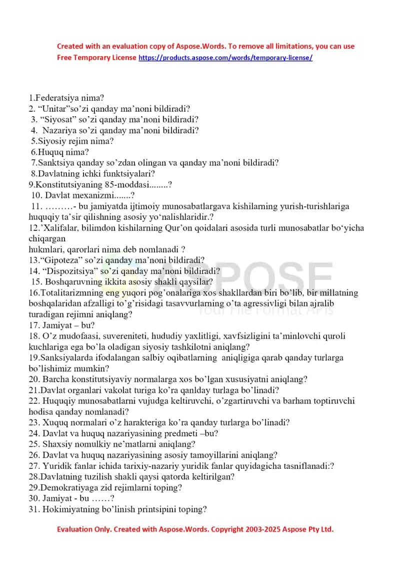 Davlat va huquq nazariyasi amaliy savollar to‘plami