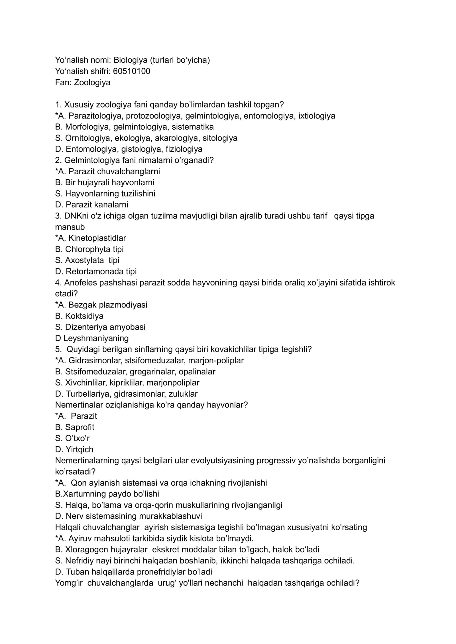 Biologiya fanida testlar
