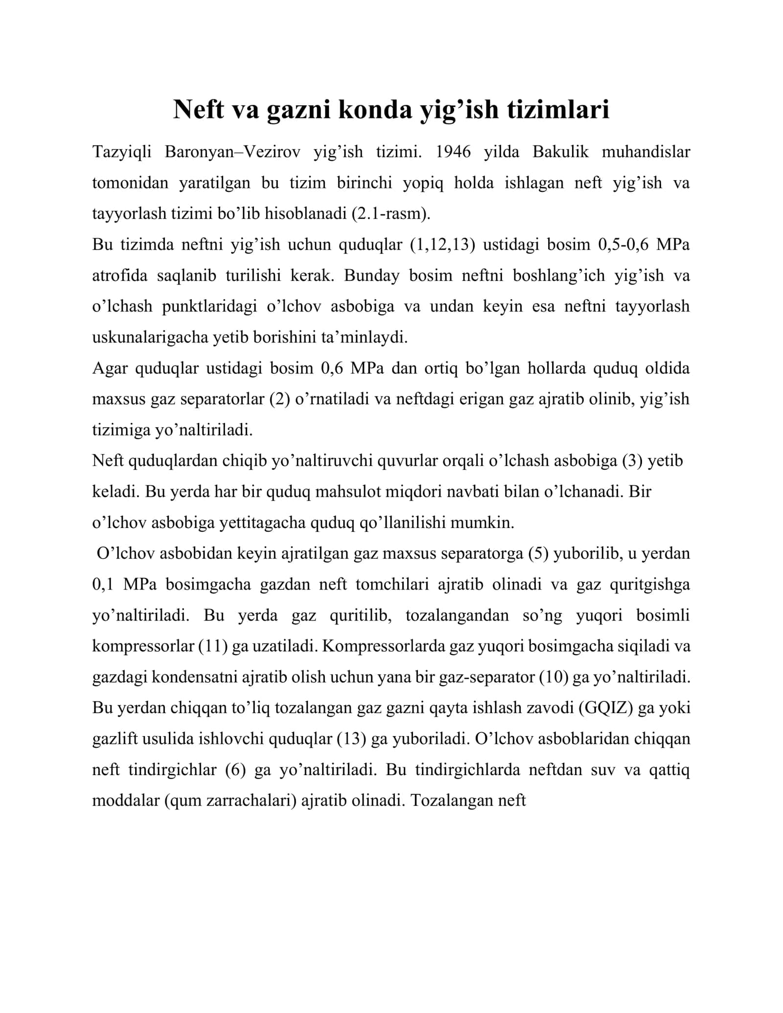 Neft va gazni konda yig’ish tizimlari