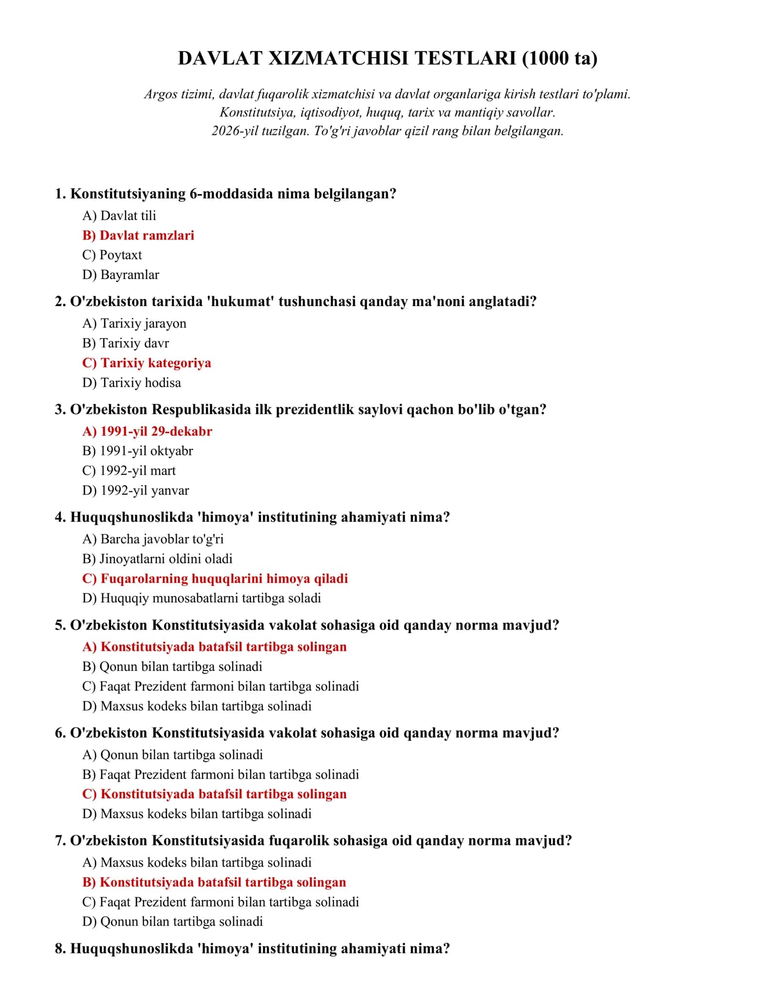 DAVLAT XIZMATCHISI TESTLARI (1000 ta)