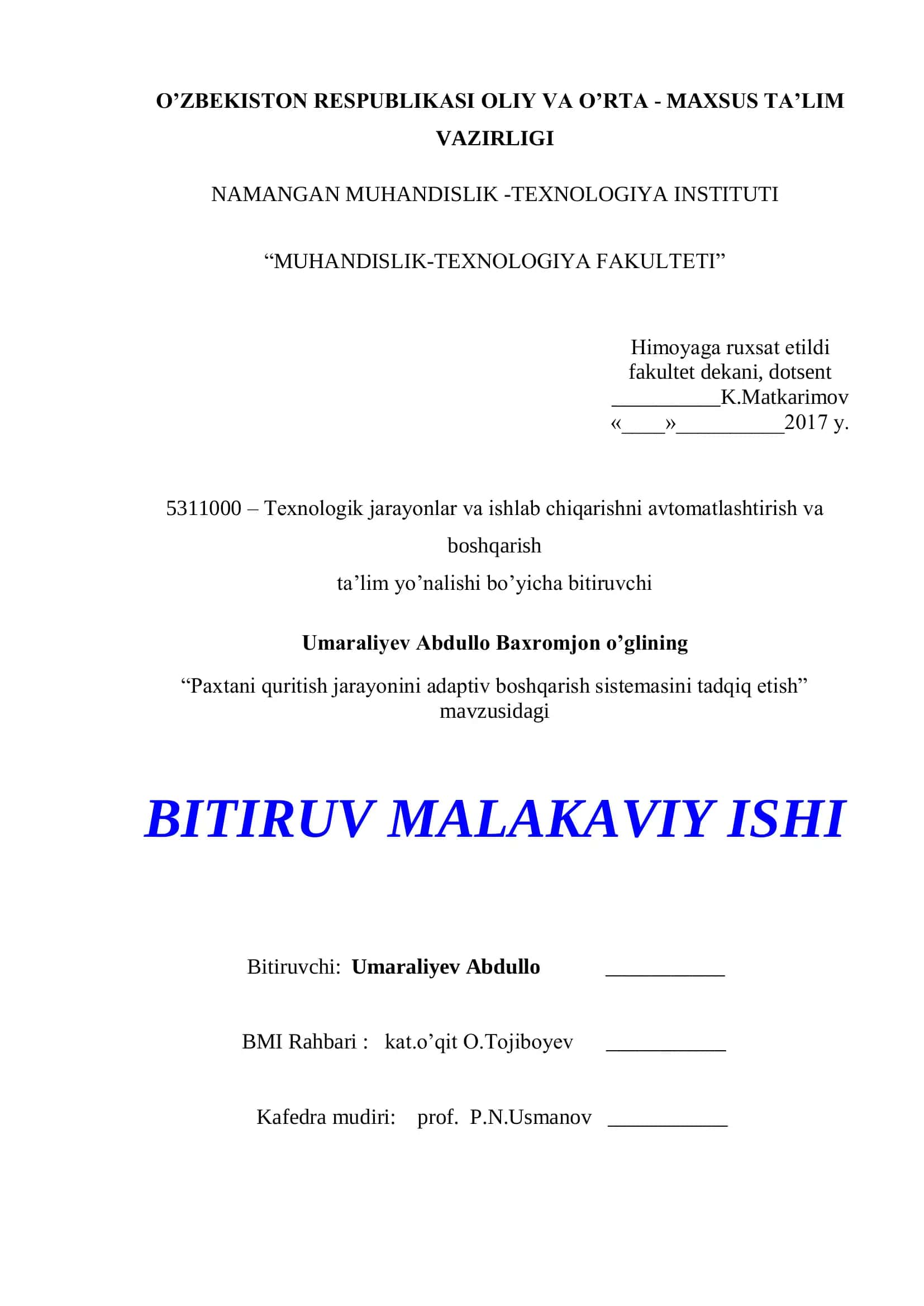 Paxtani quritish jarayonini adaptiv boshqarish sistemasini tadqiq etish