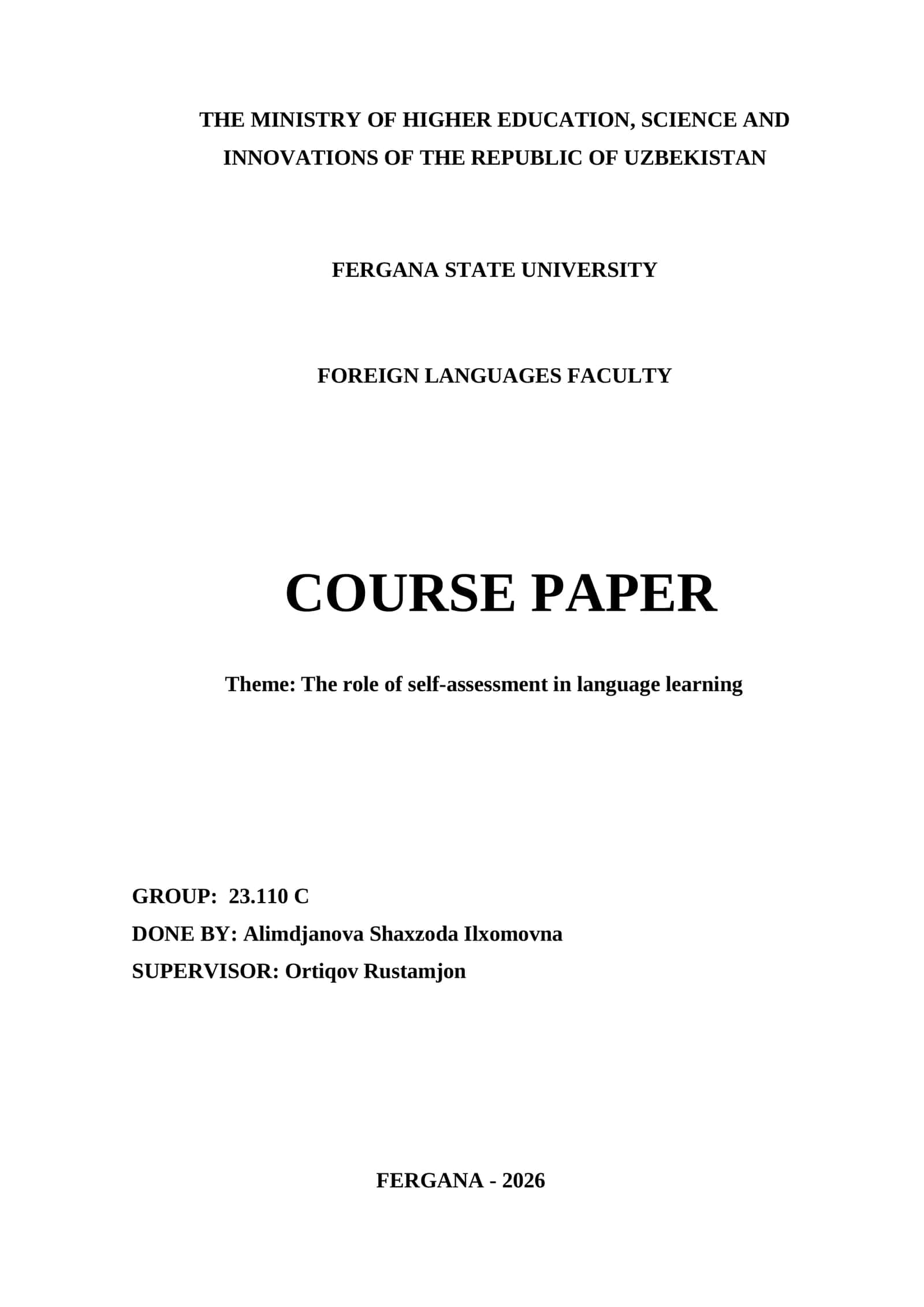 Course Paper: The Role of Self-Assessment in Language Learning