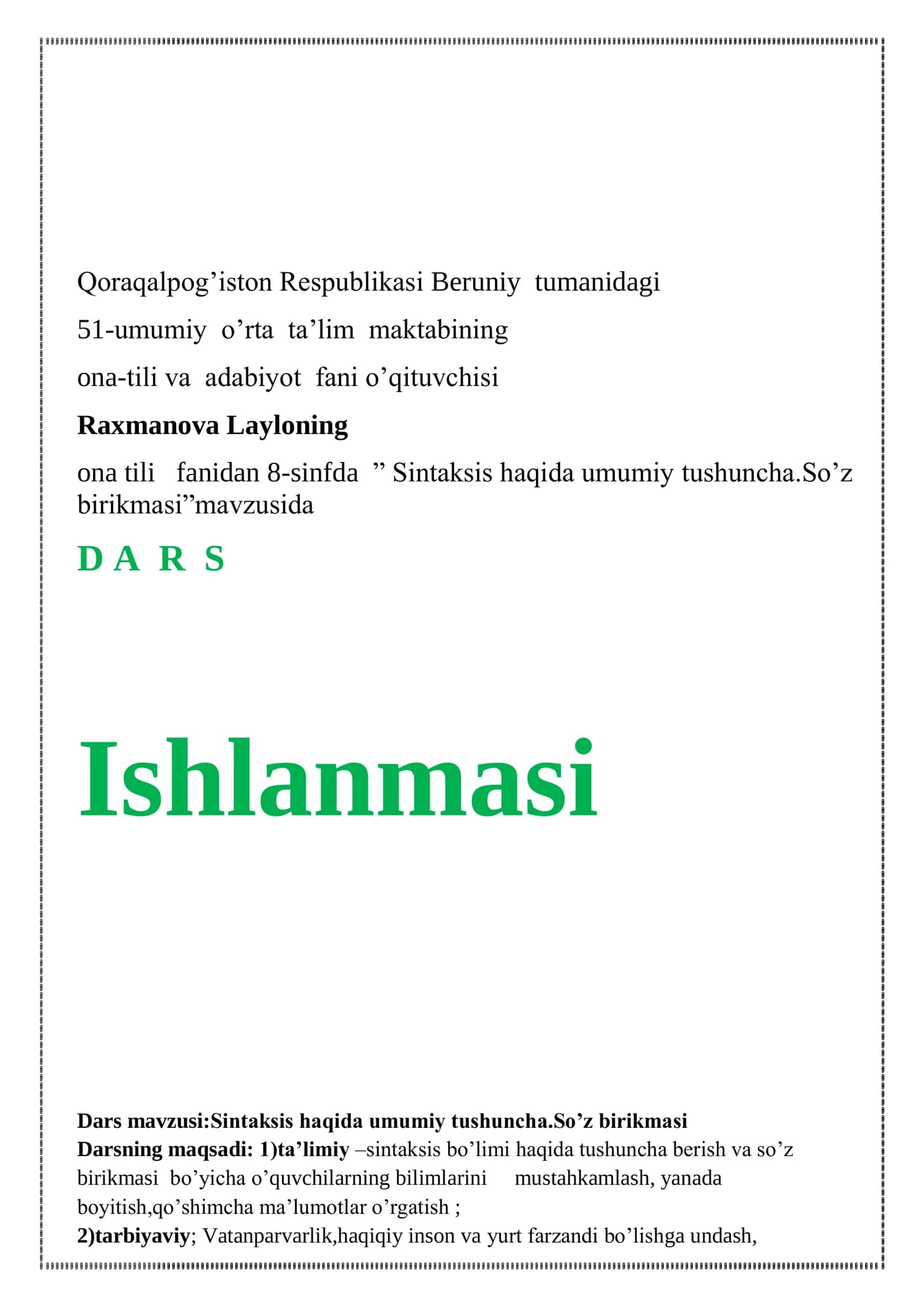 8-sinf Ona tili fanidan dars ishlanma. Sintaksis haqida umumiy tushuncha. So'z birikmasi