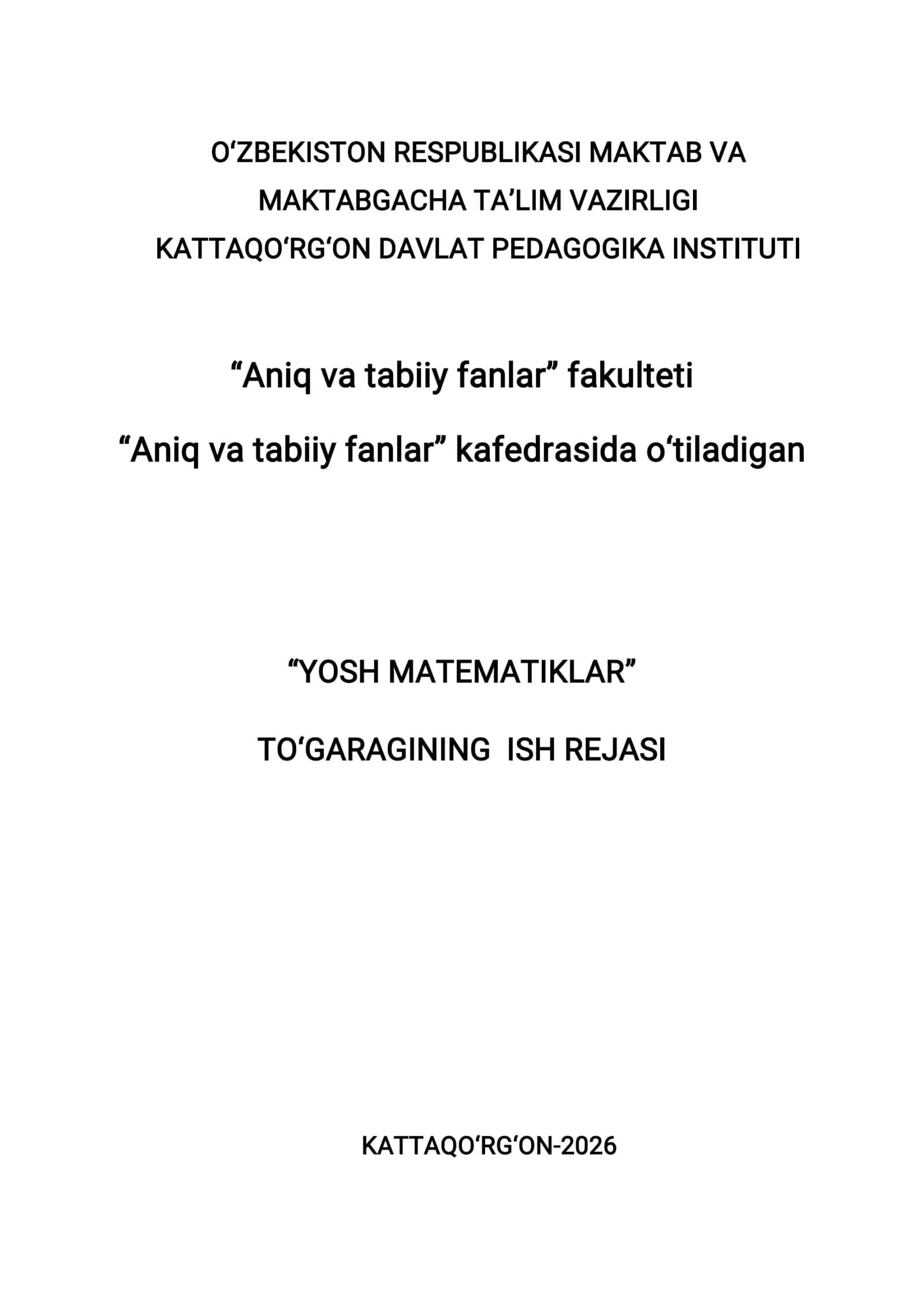YOSH MATEMATIKLAR TO‘GARAGINING ISH REJASI