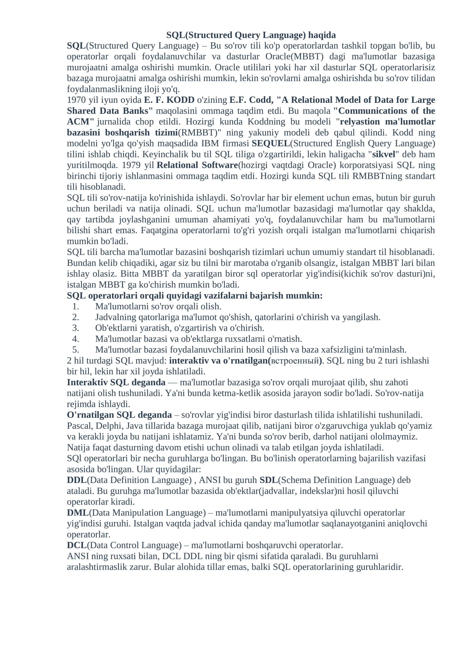 SQL(Structured Query Language) haqida