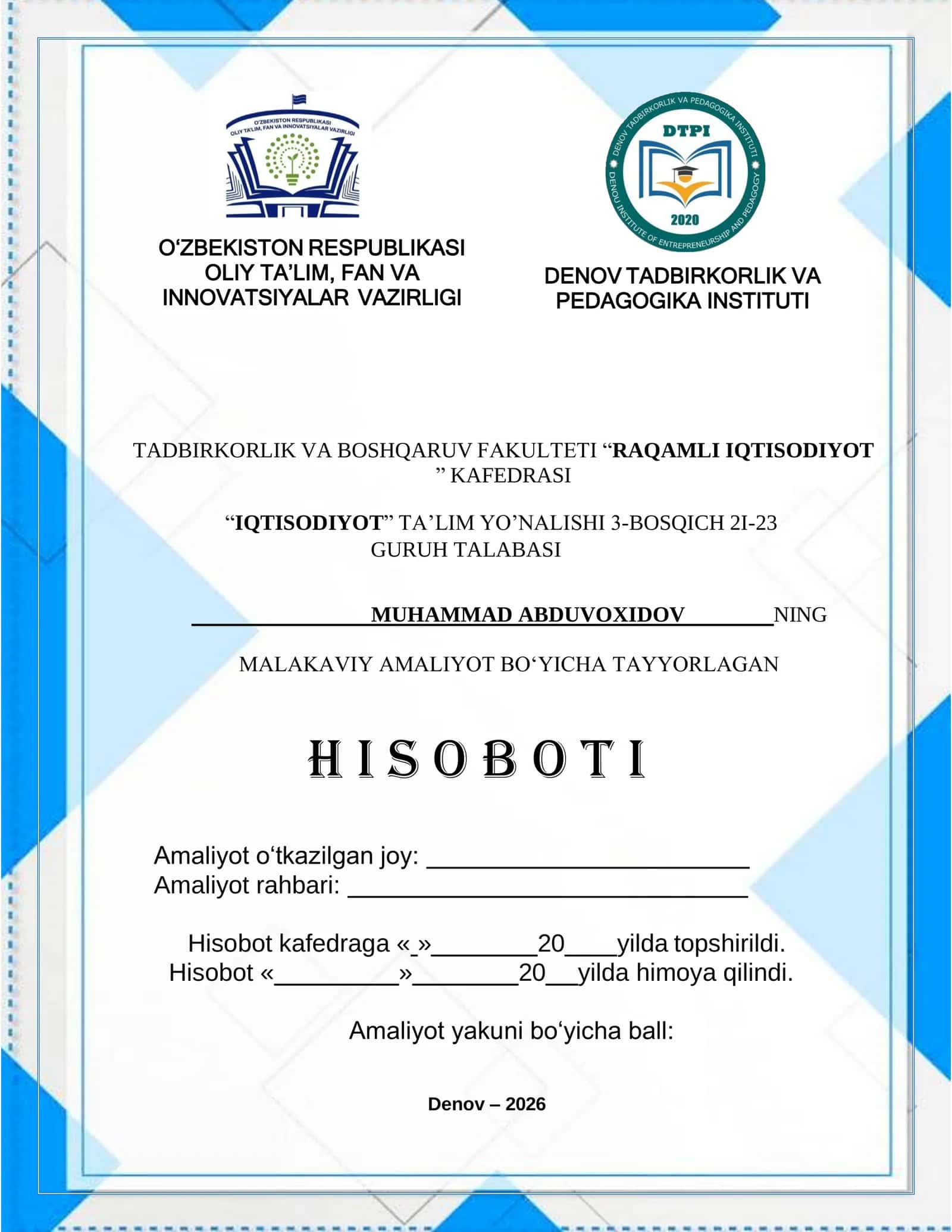SOLIQ INSPEKSIYASINING TASHKILIY-HUQUQIY DENOV TUMAN ASOSLARI VA FAOLIYATI