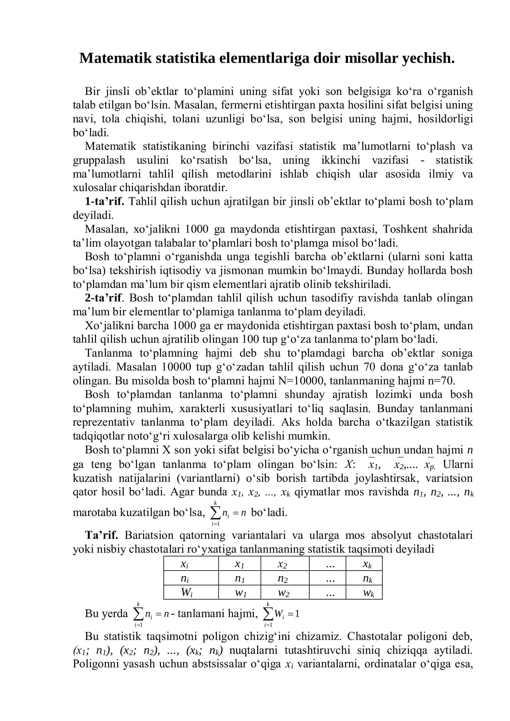 Matematik statistika elementlariga doir misollar yechish