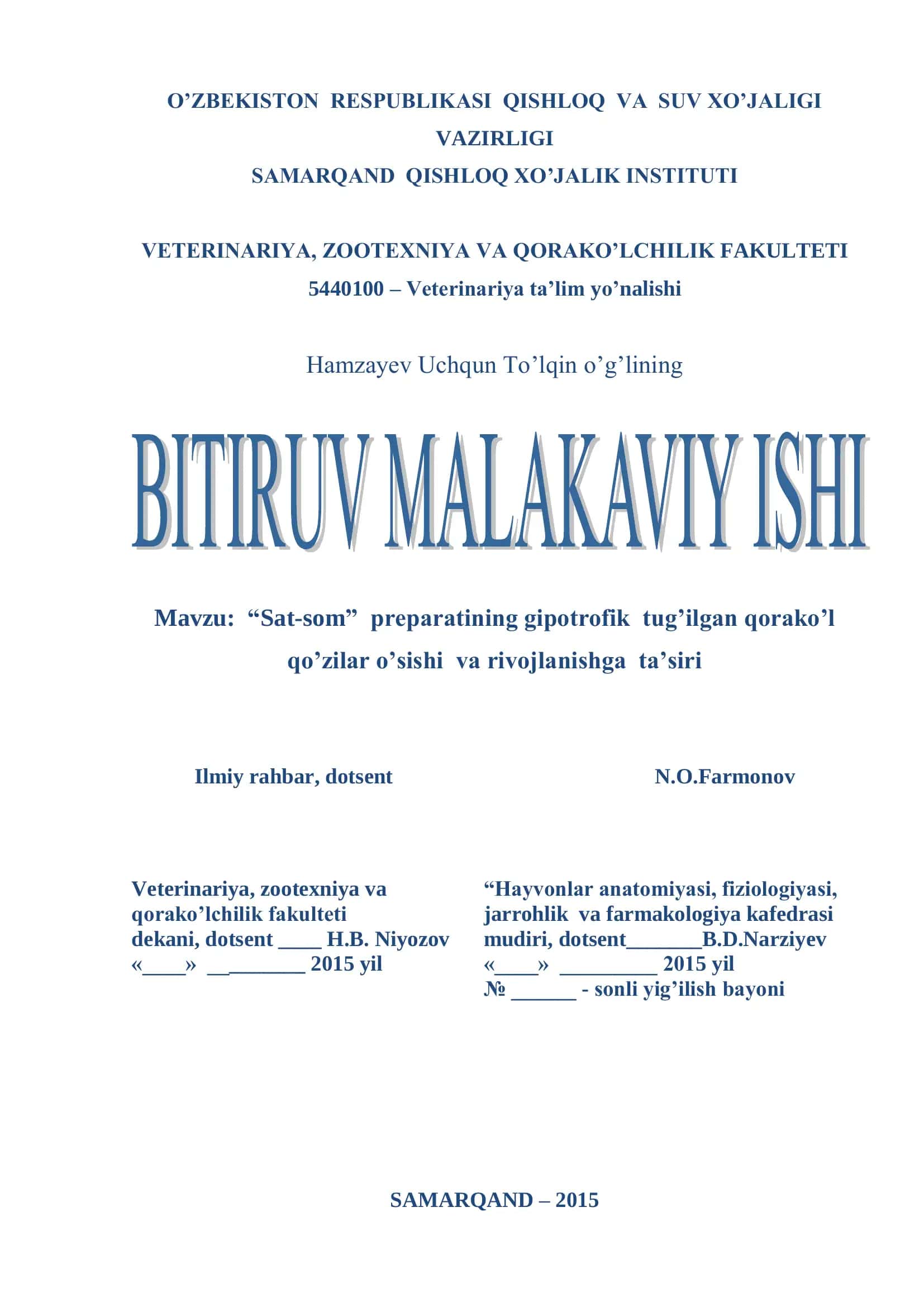 Sat-som preparatining gipotrofik tug'ilgan qorako'l qo'zilar o'sishi va rivojlanishga ta'siri