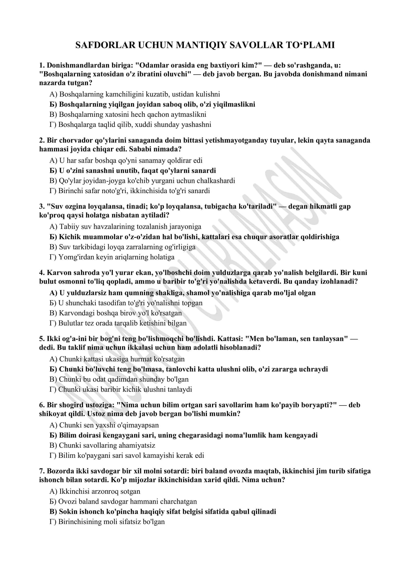 SAFDORLAR UCHUN MANTIQIY SAVOLLAR TO'PLAMI