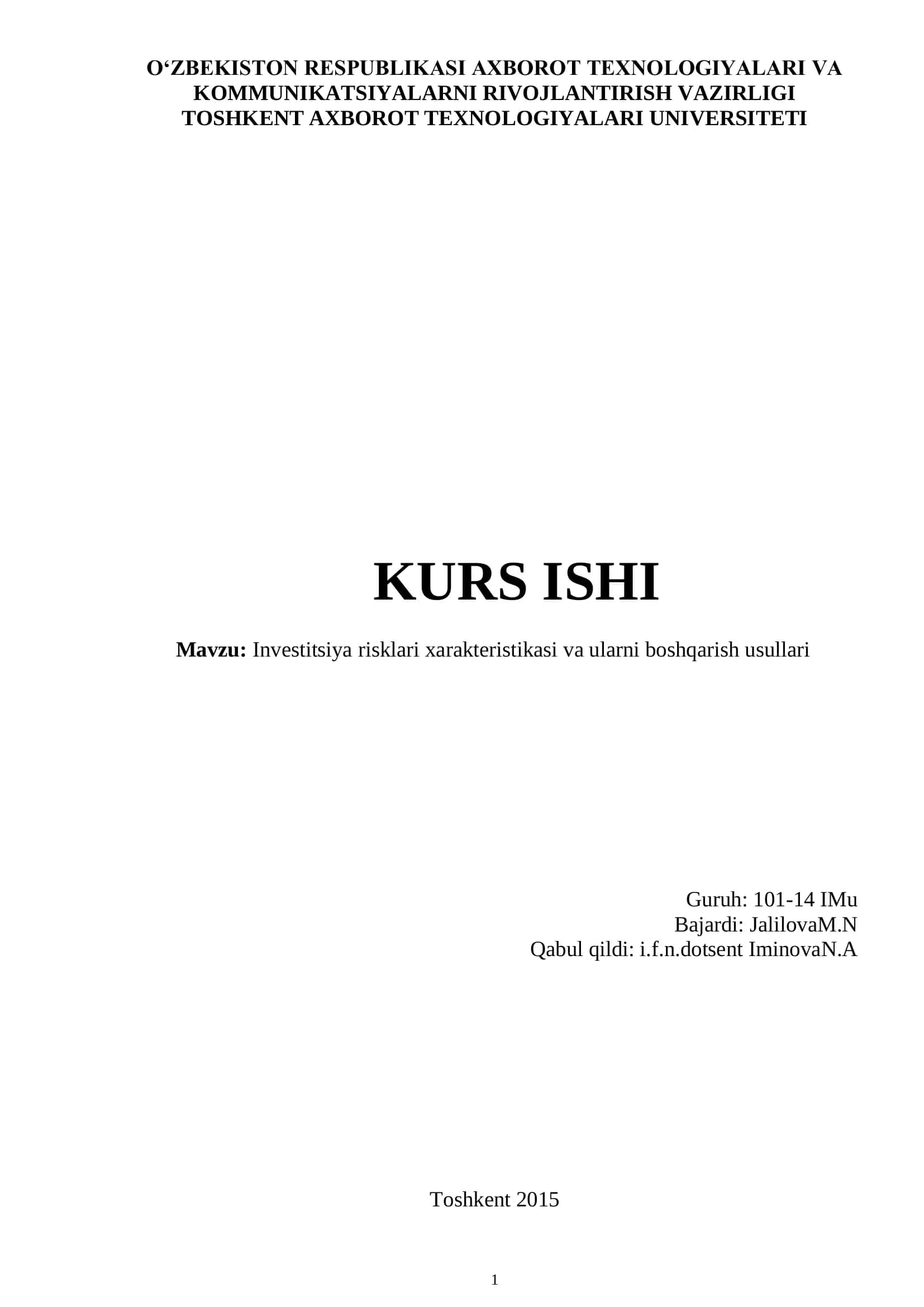 Investitsiya risklari xarakteristikasi va ularni boshqarish usullari
