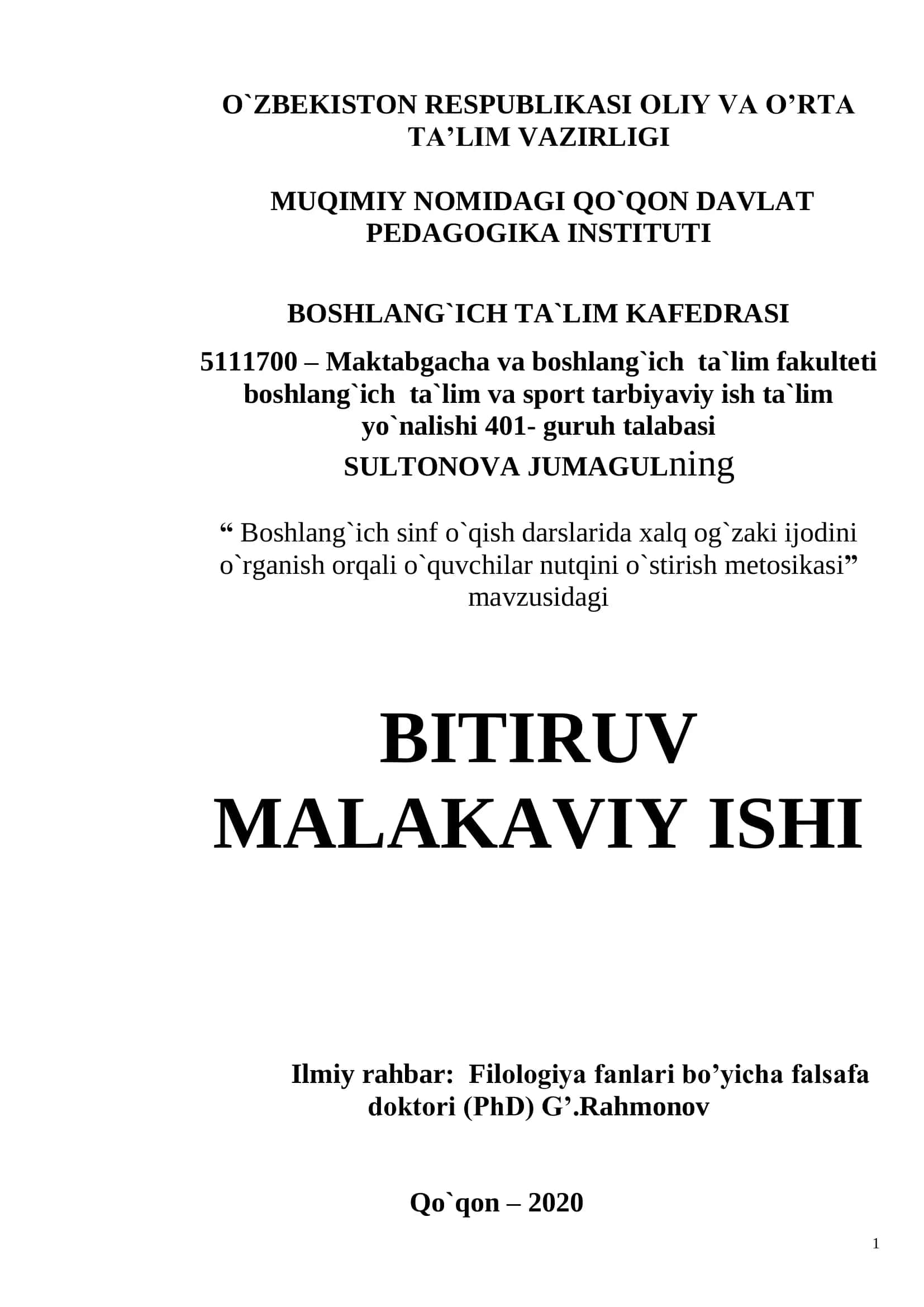 Xalq og`zaki ijodi va uning ta`limiy-tarbiyaviy ahamiyati