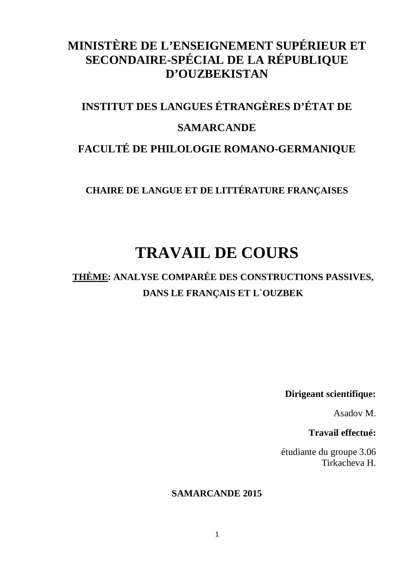 ANALYSE COMPARÉE DES CONSTRUCTIONS PASSIVES, DANS LE FRANÇAIS ET L`OUZBEK
