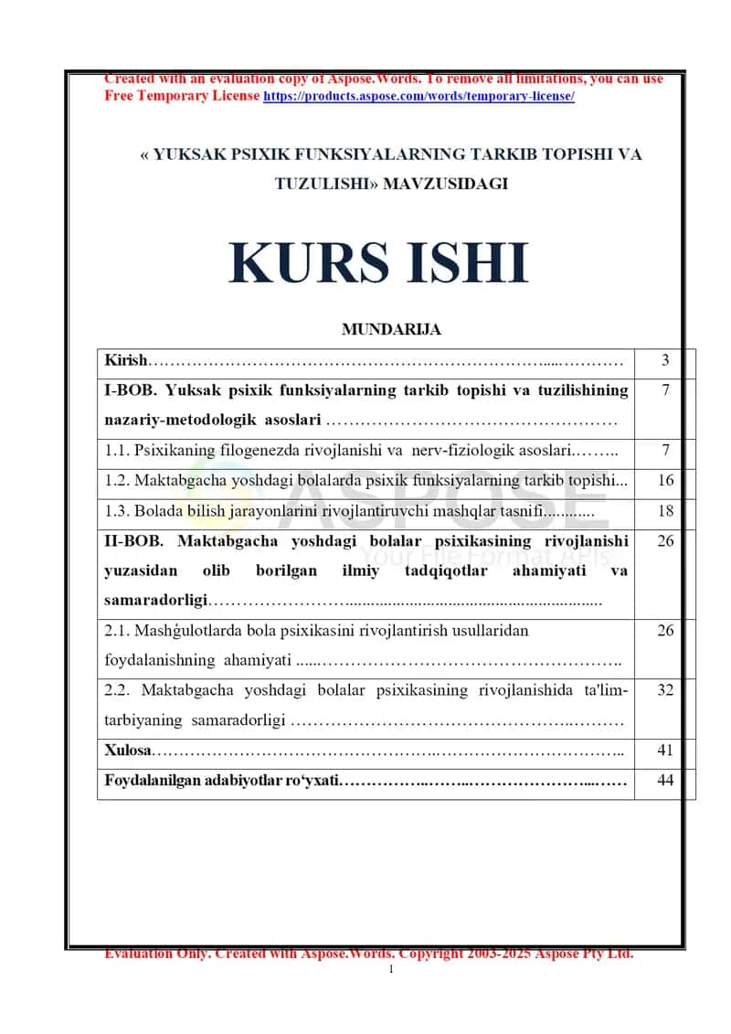 YUKSAK PSIXIK FUNKSIYALARNING TARKIB TOPISHI VA TUZULISHI
