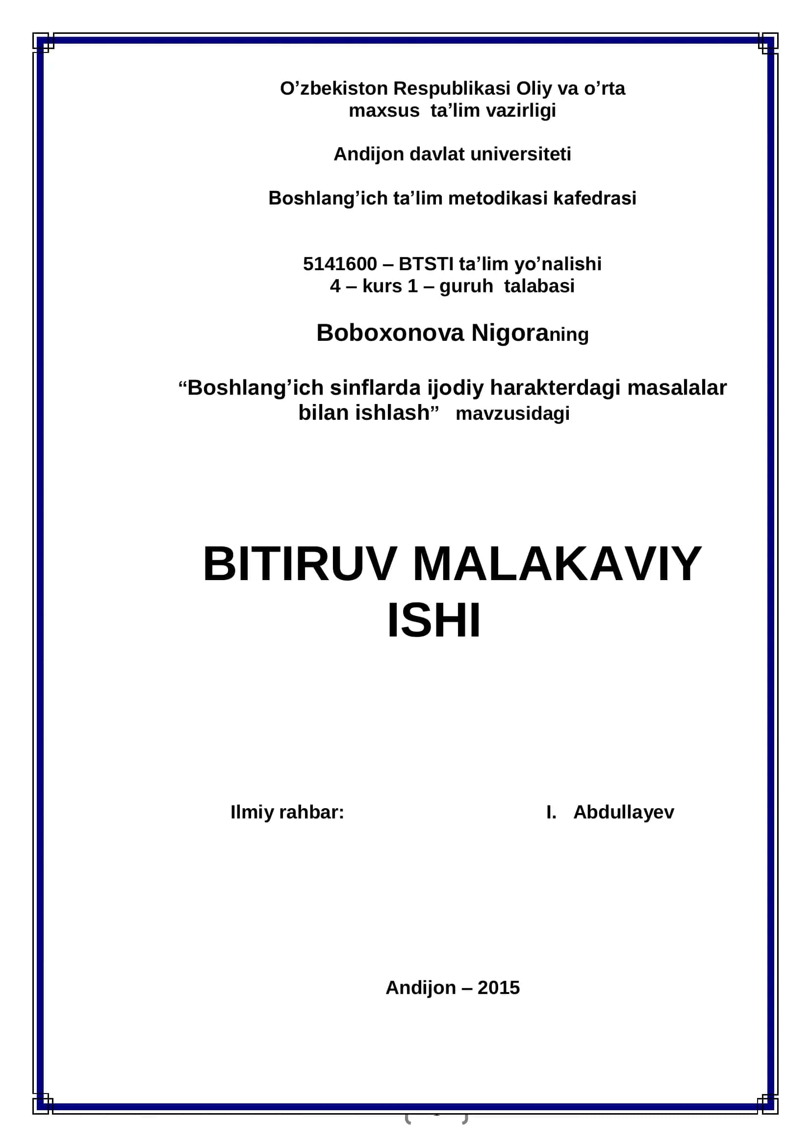 Boshlang’ich sinflarda ijodiy harakterdagi masalalar bilan ishlash