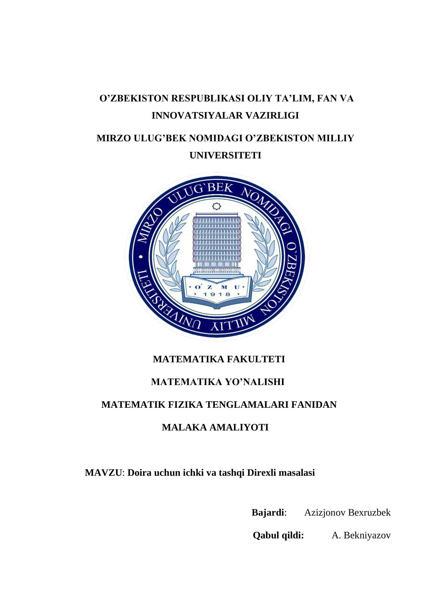 Doira uchun ichki va tashqi Direxli masalasi