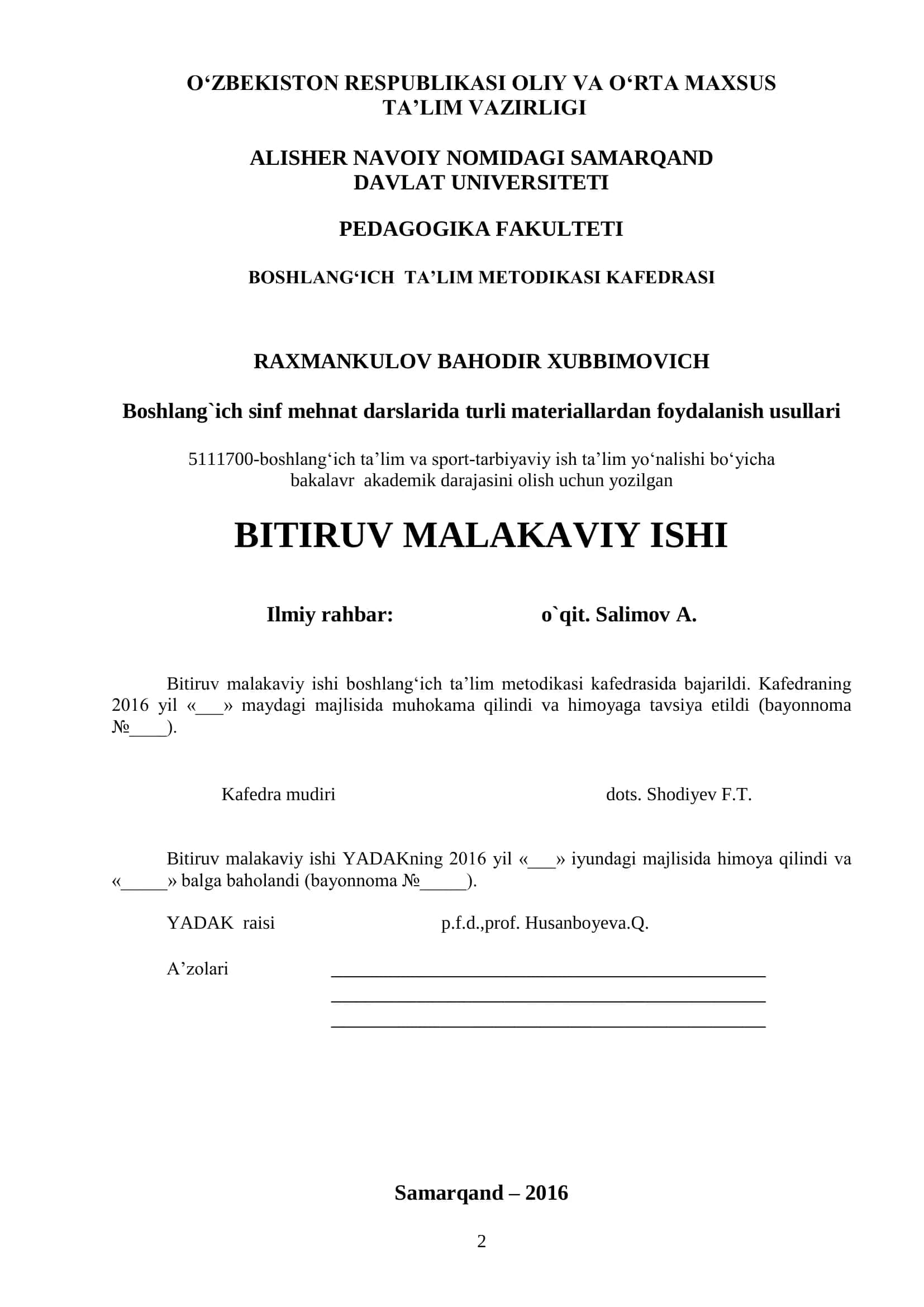 Boshlang`ich sinf mehnat darslarida turli materiallardan foydalanish usullari