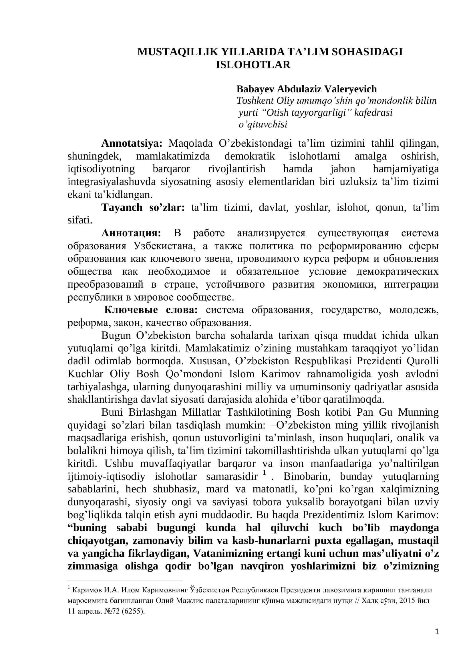 MUSTAQILLIK YILLARIDA TA’LIM SOHASIDAGI ISLOHOTLAR
