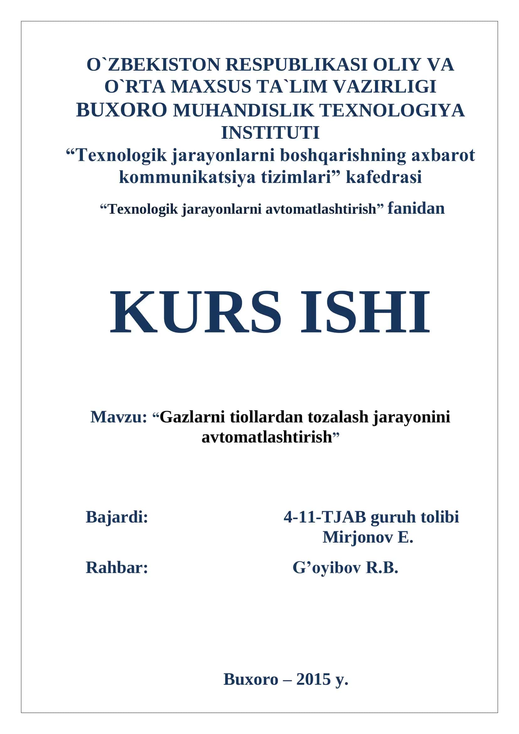Gazlarni tozalash jarayonini avtomatlashtirish