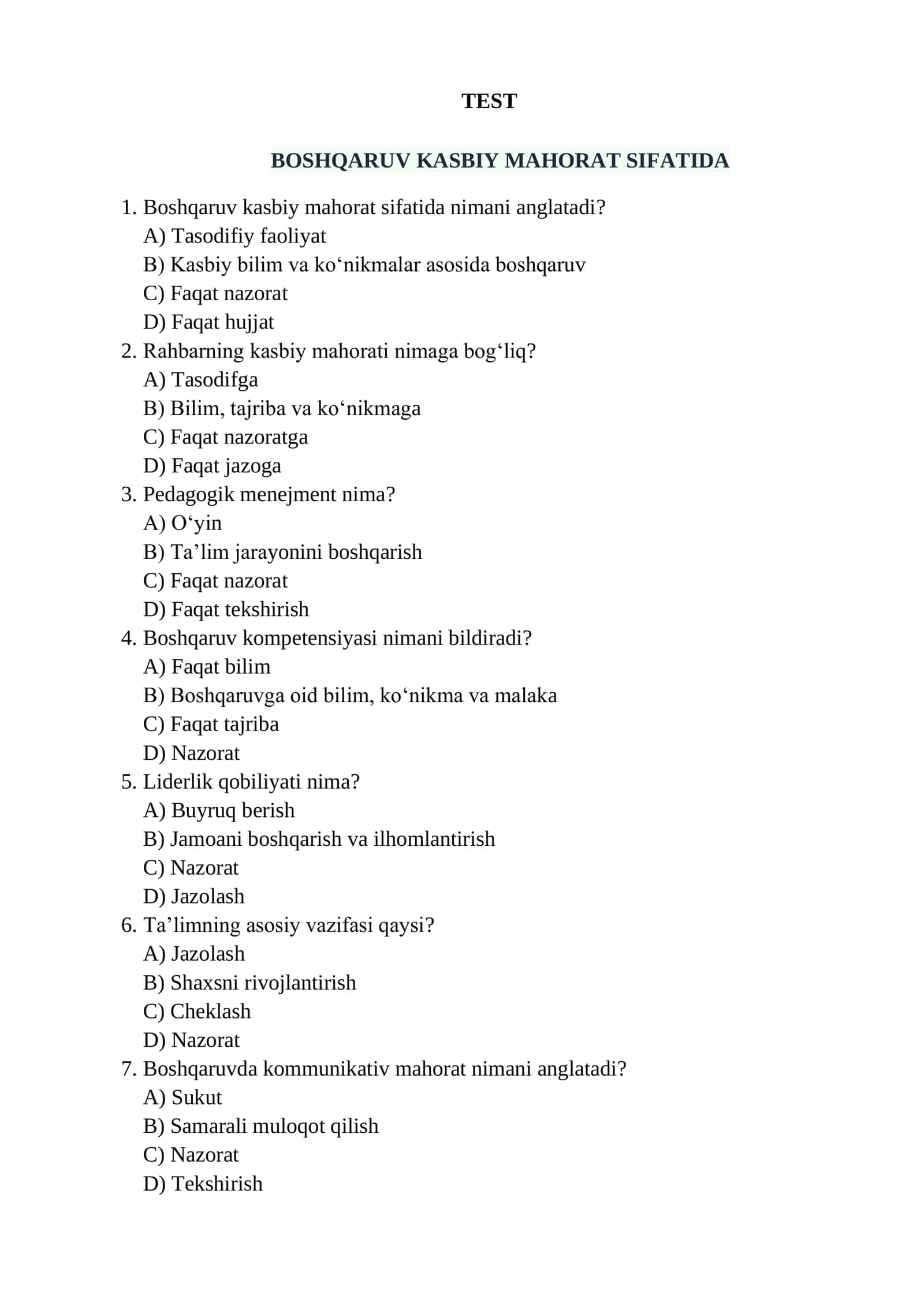 BOSHQARUV KASBIY MAHORAT SIFATIDA