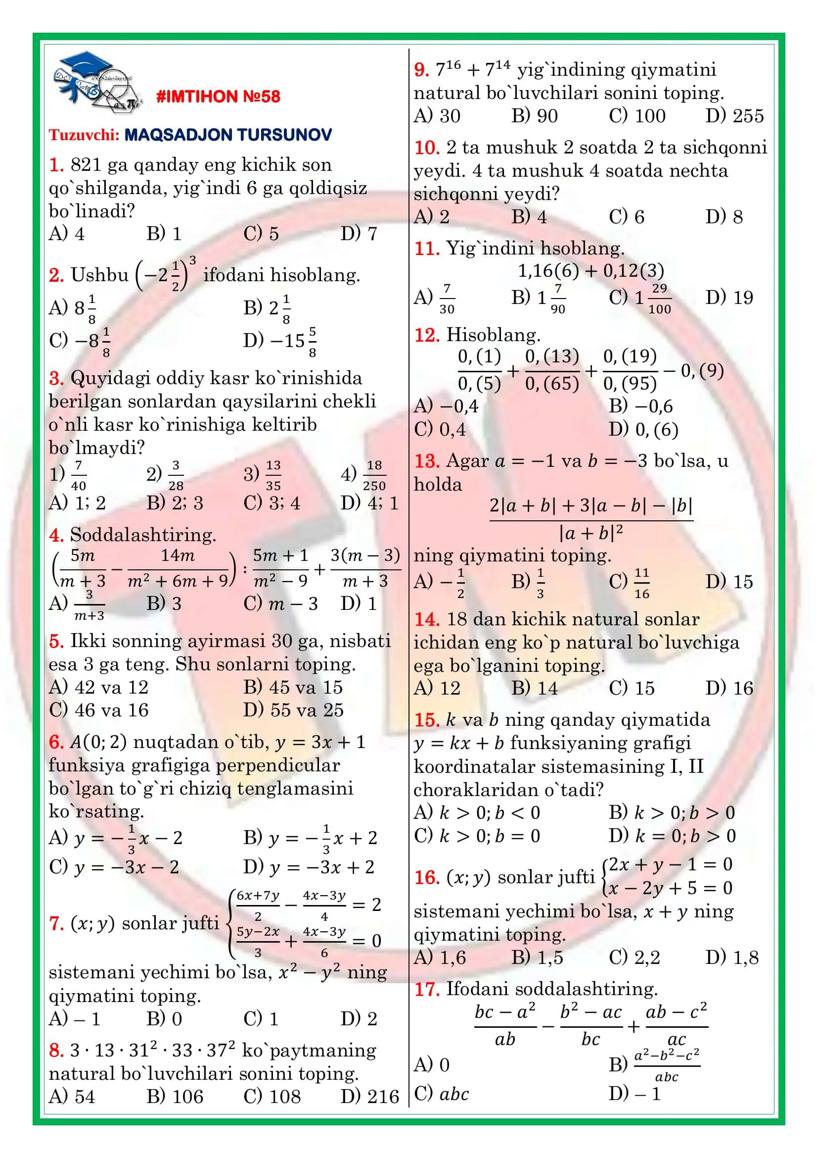Chiziqli funksiya mavzusiga oid imtihon