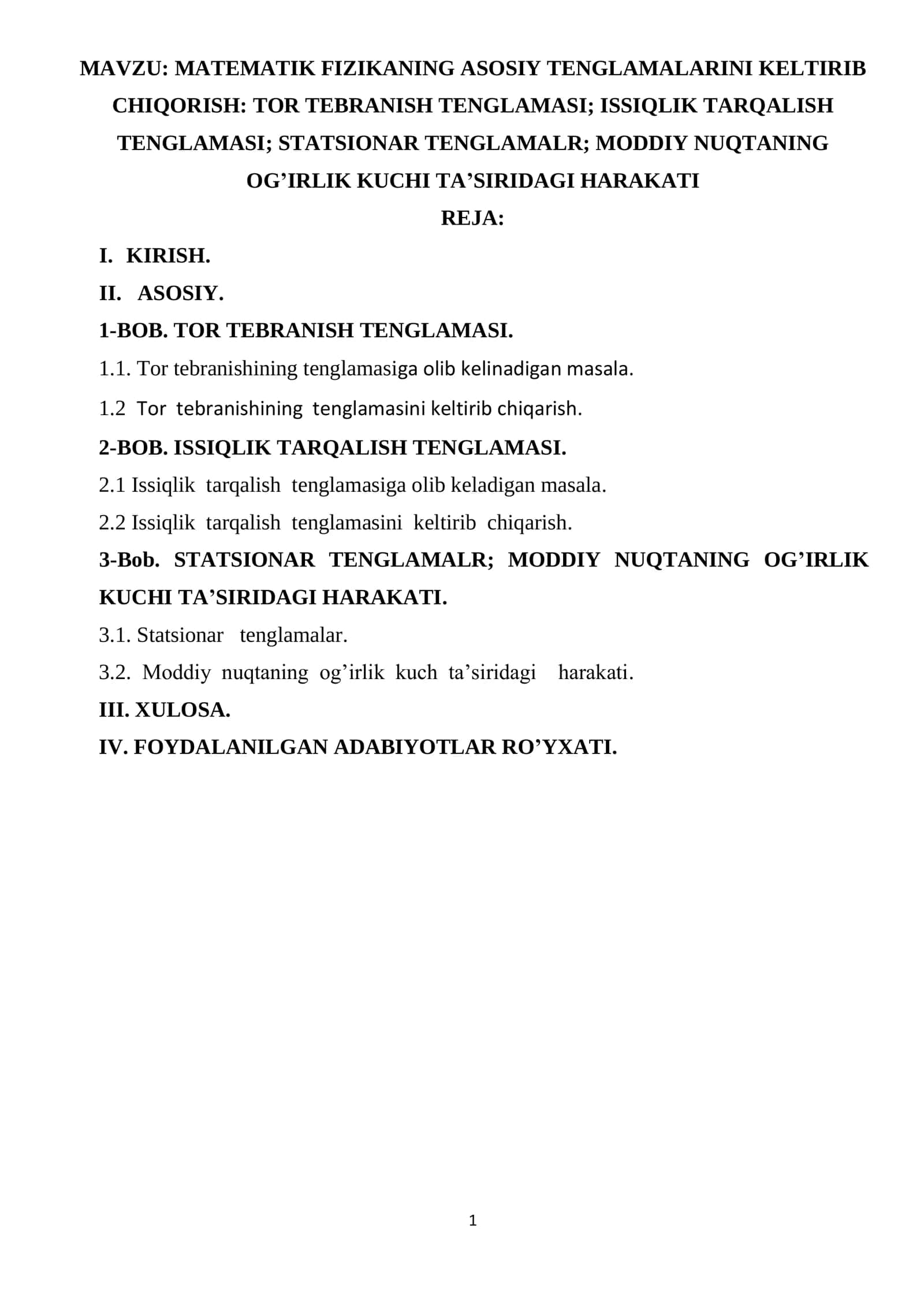 MATEMATIK FIZIKANING ASOSIY TENGLAMALARINI KELTIRIB CHIQORISH