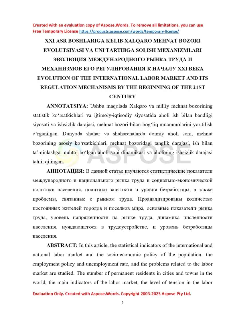 XXI asr boshlariga kelib xalqaro mehnat bozori evolutsiyasi va uni tartibga solish mexanizmlari