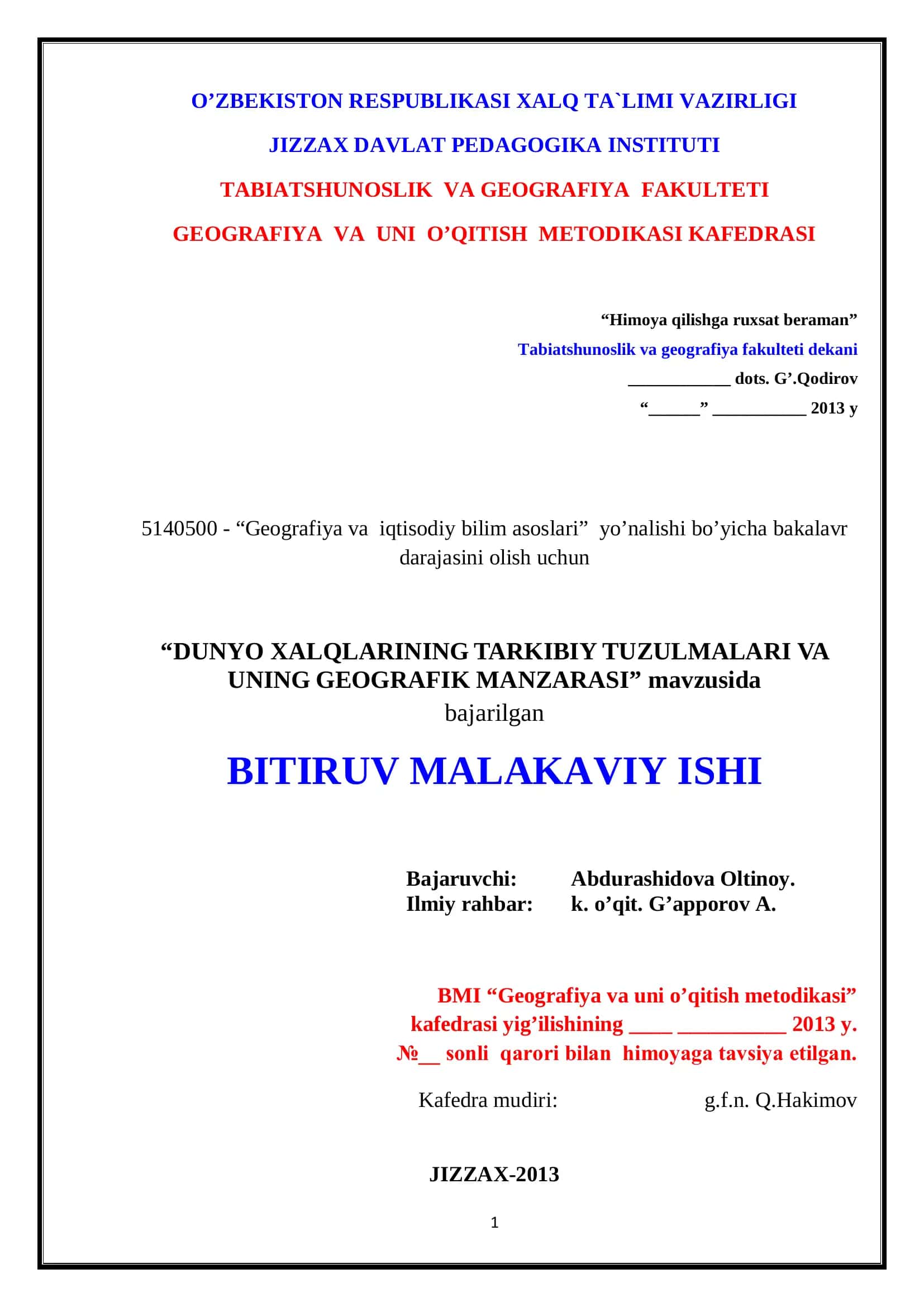 DUNYO XALQLARINING TARKIBIY TUZILMALARI VA ULARNING GEOGRAFIK MANZARASI