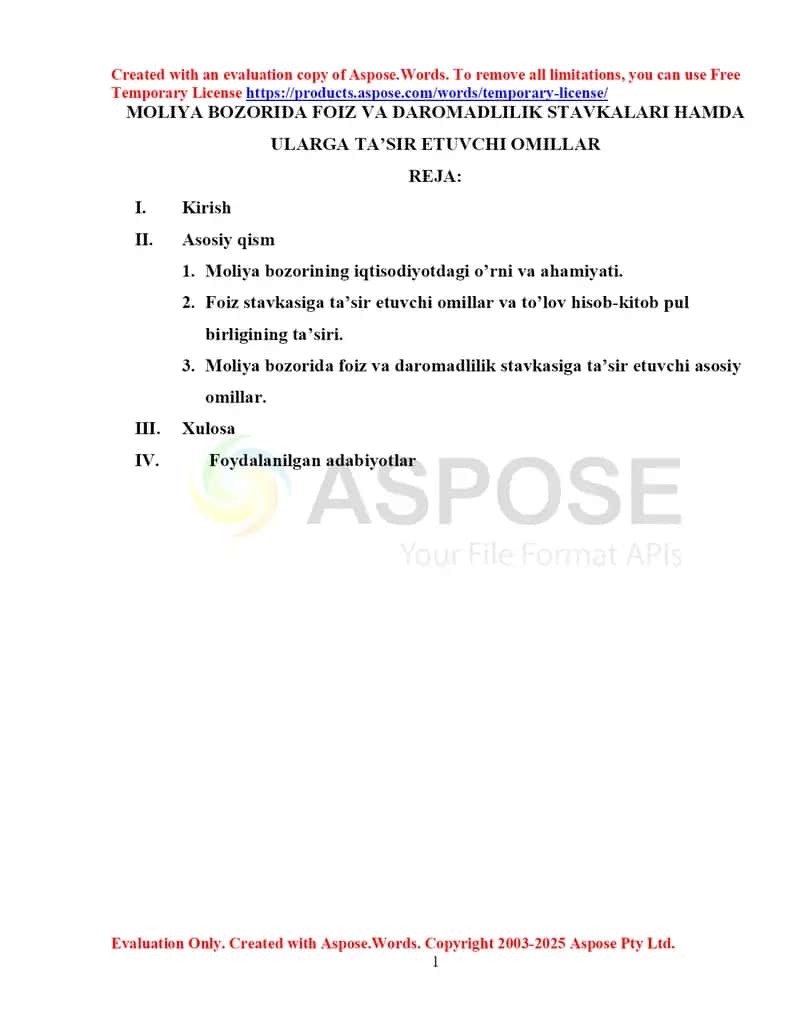 Moliya bozorida foiz va daromadlilik stavkalari hamda ularga ta’sir etuvchi omillar