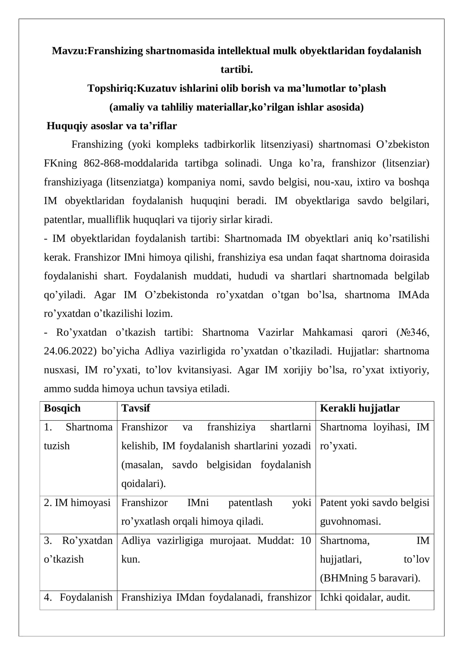 Franshizing shartnomasida intellektual mulk obyektlaridan foydalanish tartibi