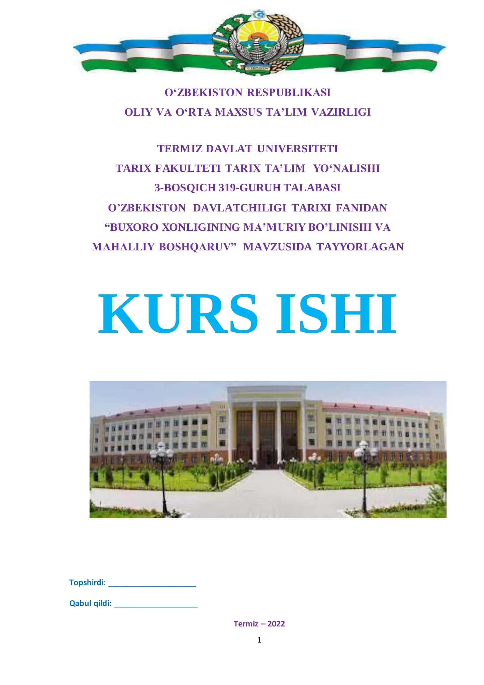 BUXORO XONLIGINING MA’MURIY BO’LINISHI VA MAHALLIY BOSHQARUV