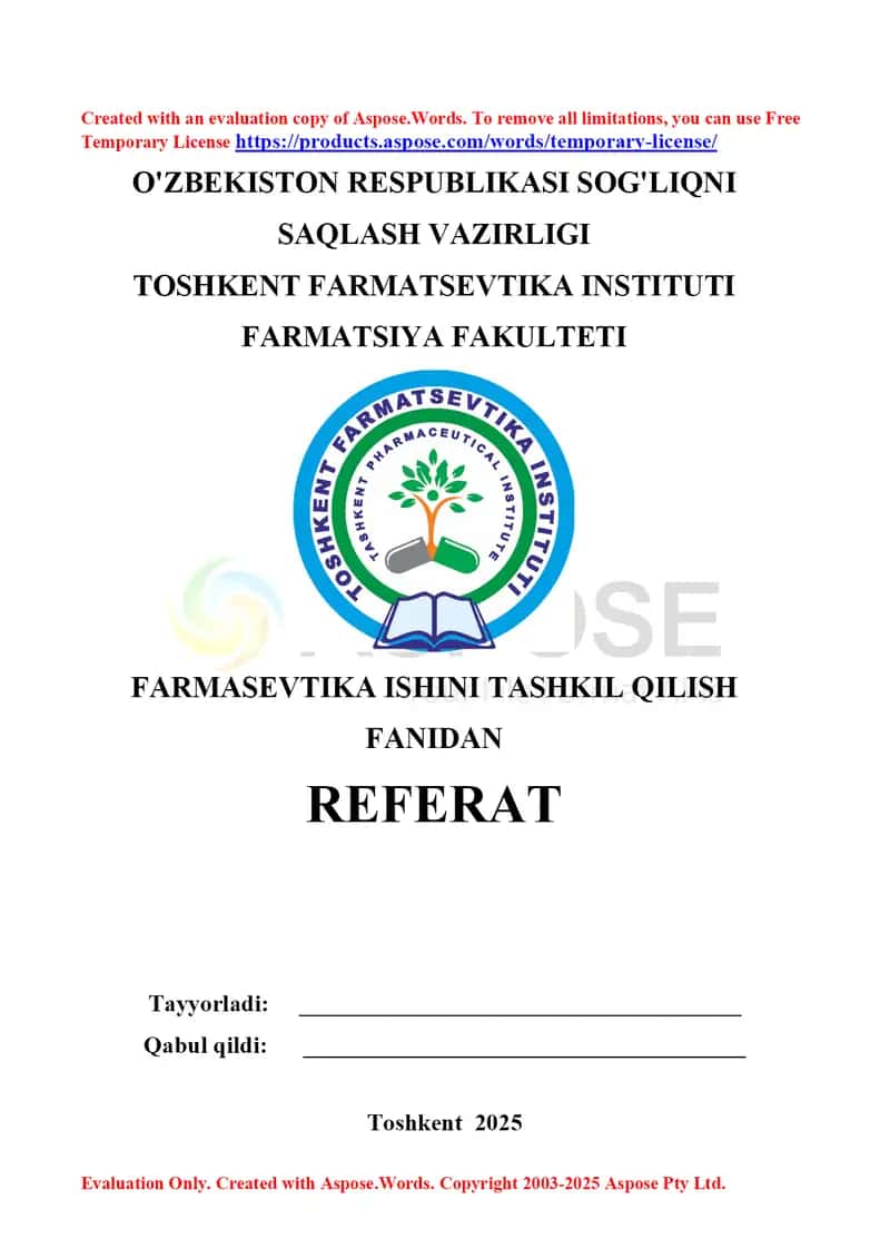 9. Markaziy Osiyo davlatlarida farmatsiyaning rivojlanishi. Referat 12 bet.