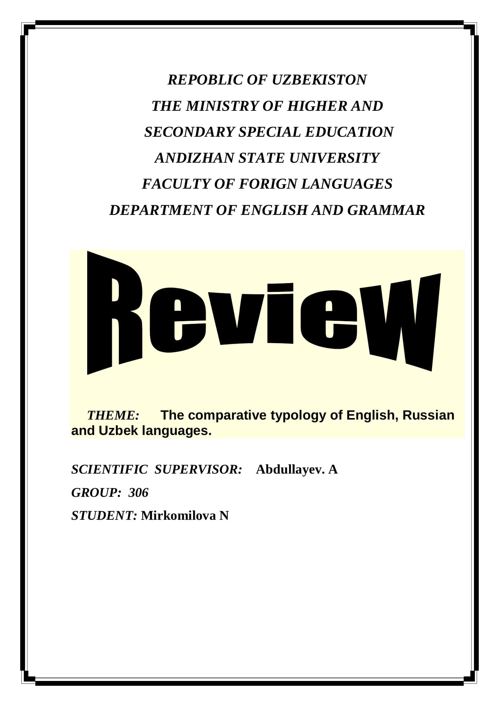 The comparative typology of English, Russian, and Uzbek languages
