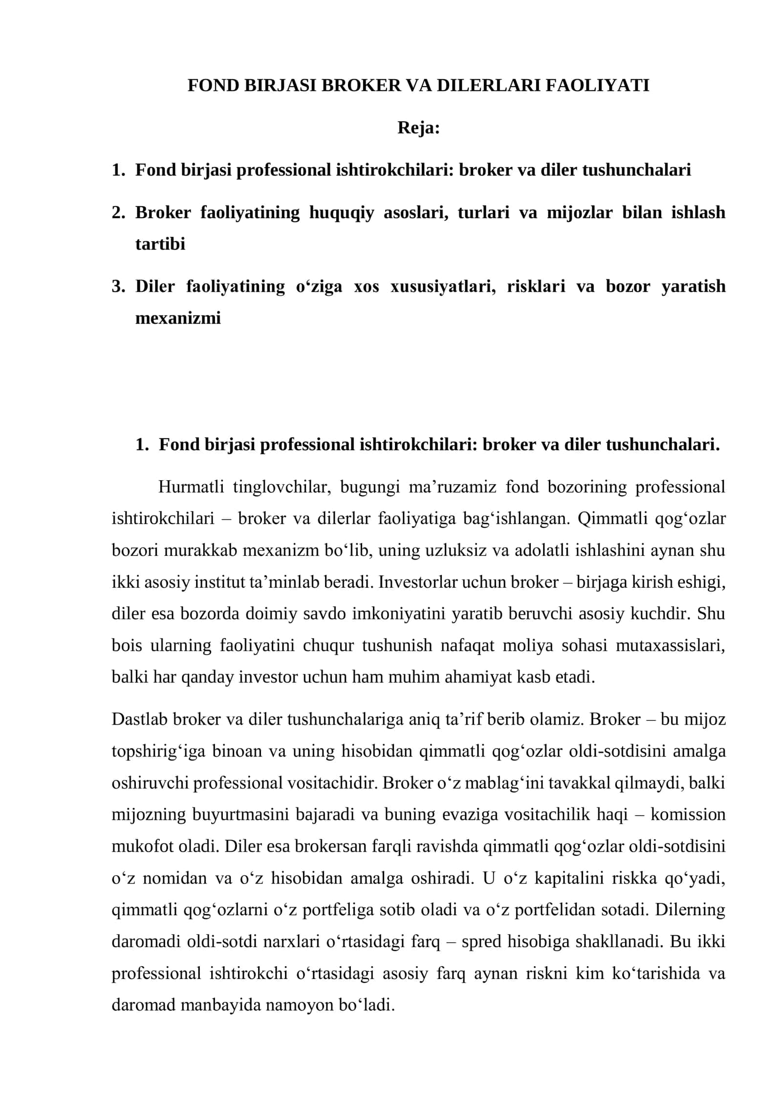 FOND BIRJASI BROKER VA DILERLARI FAOLIYATI