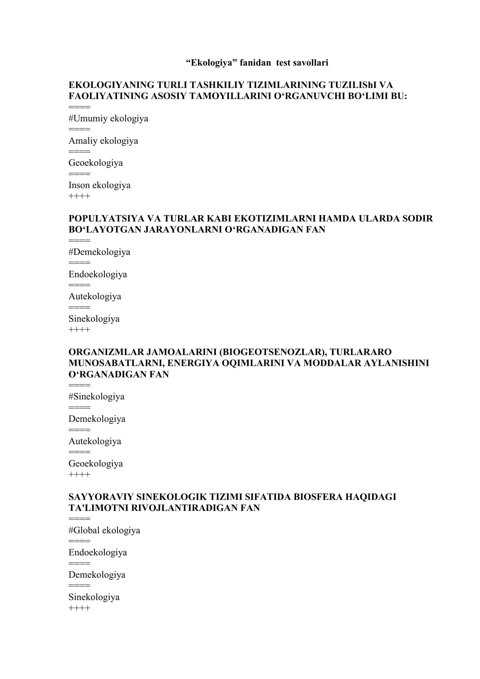 Ekologiya fanidan test savollari