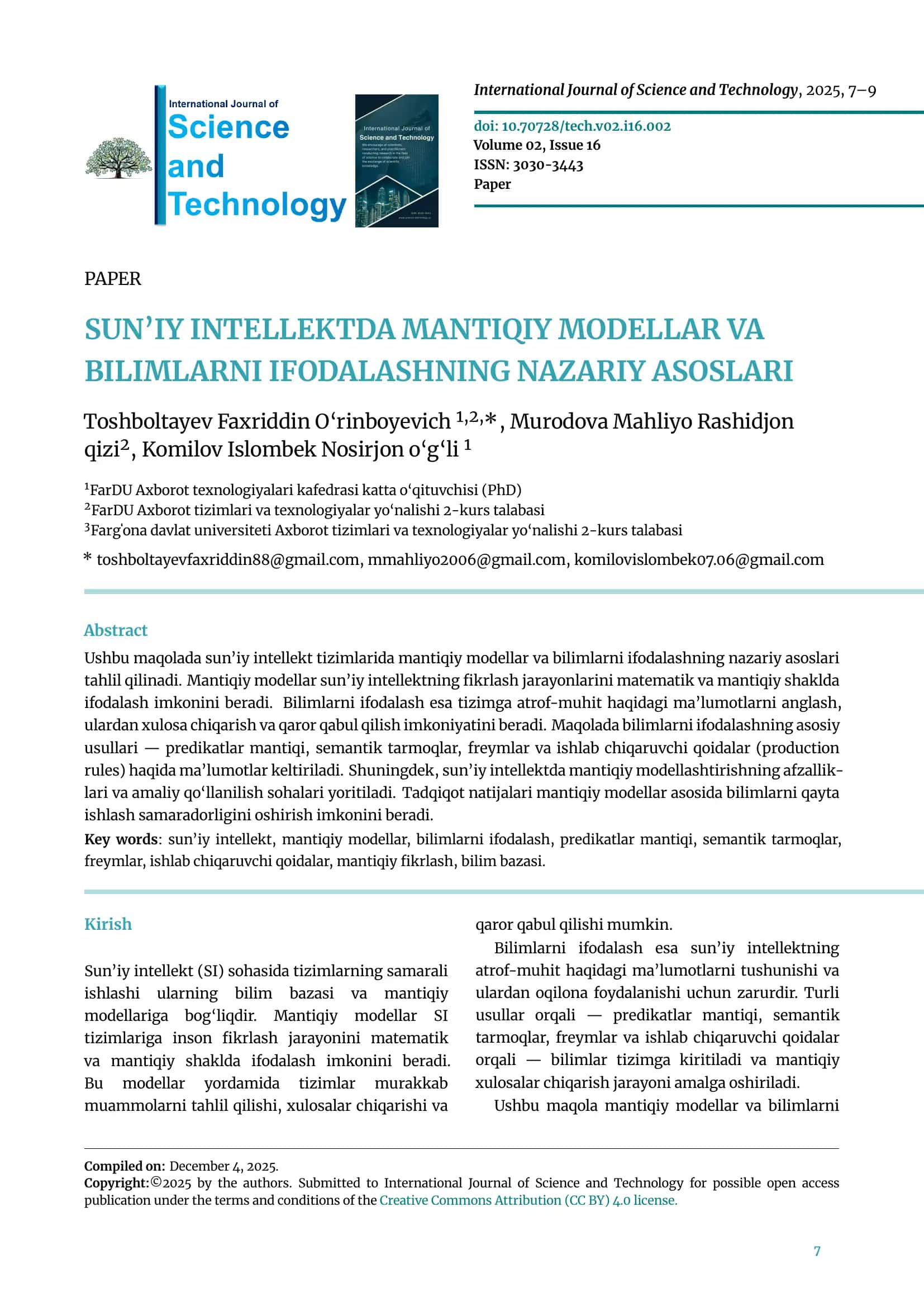 SUN’IY INTELLEKTDA MANTIQIY MODELLAR VA BILIMLARNI IFODALASHNING NAZARIY ASOSLARI