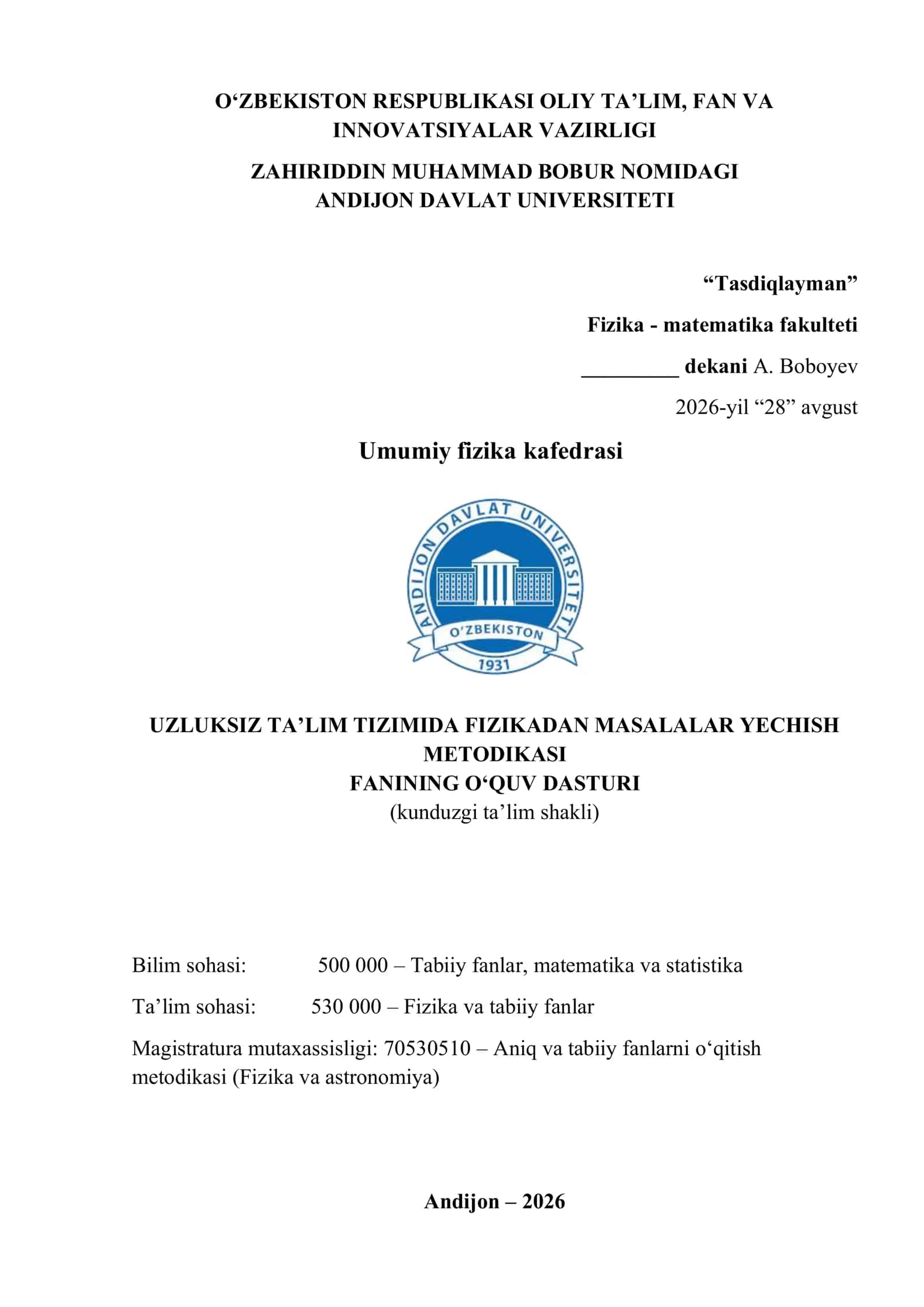 UZLUKSIZ TA’LIM TIZIMIDA FIZIKADAN MASALALAR YECHISH METODIKASI