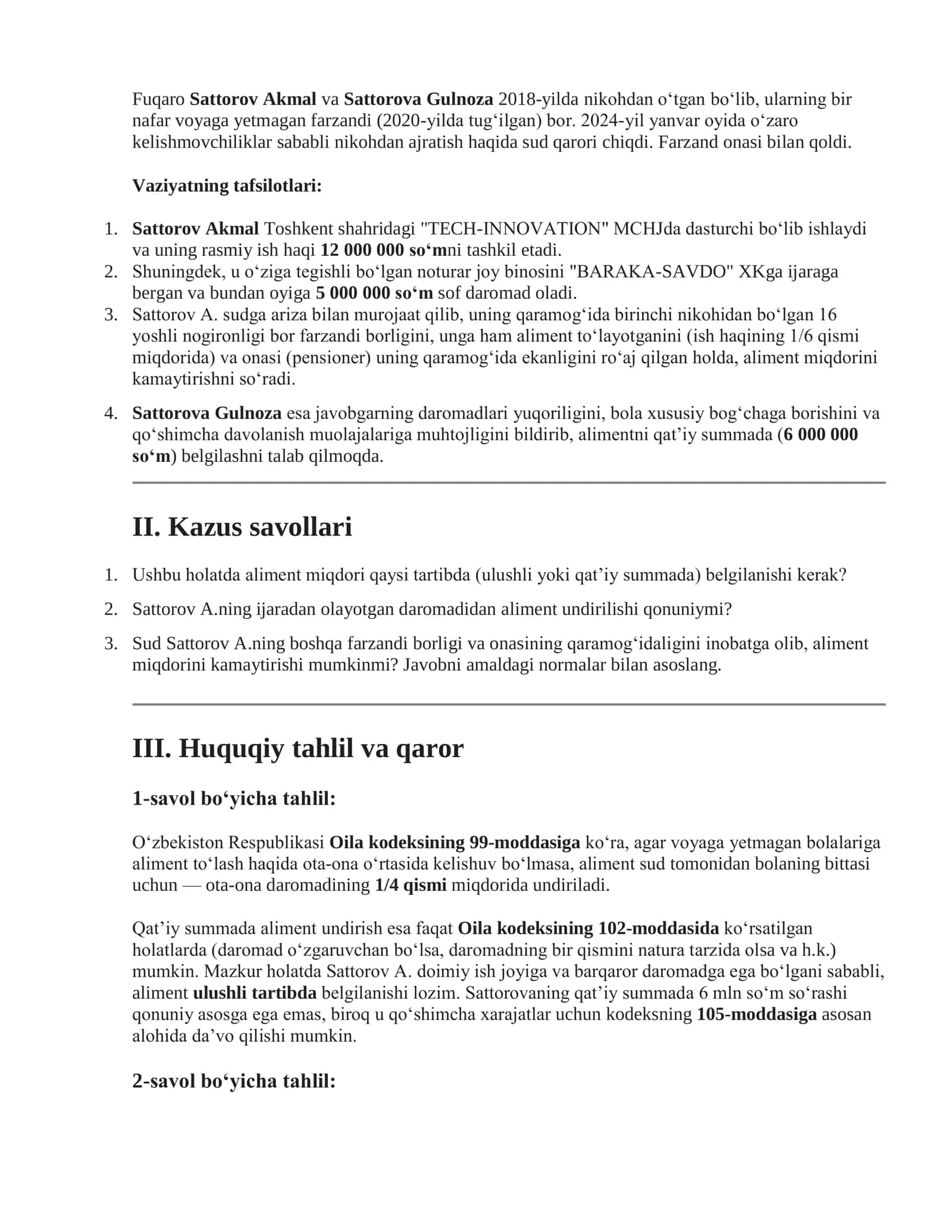 Fuqaro Sattorov Akmal va Sattorova Gulnoza nikohdan ajratish haqida sud qarori