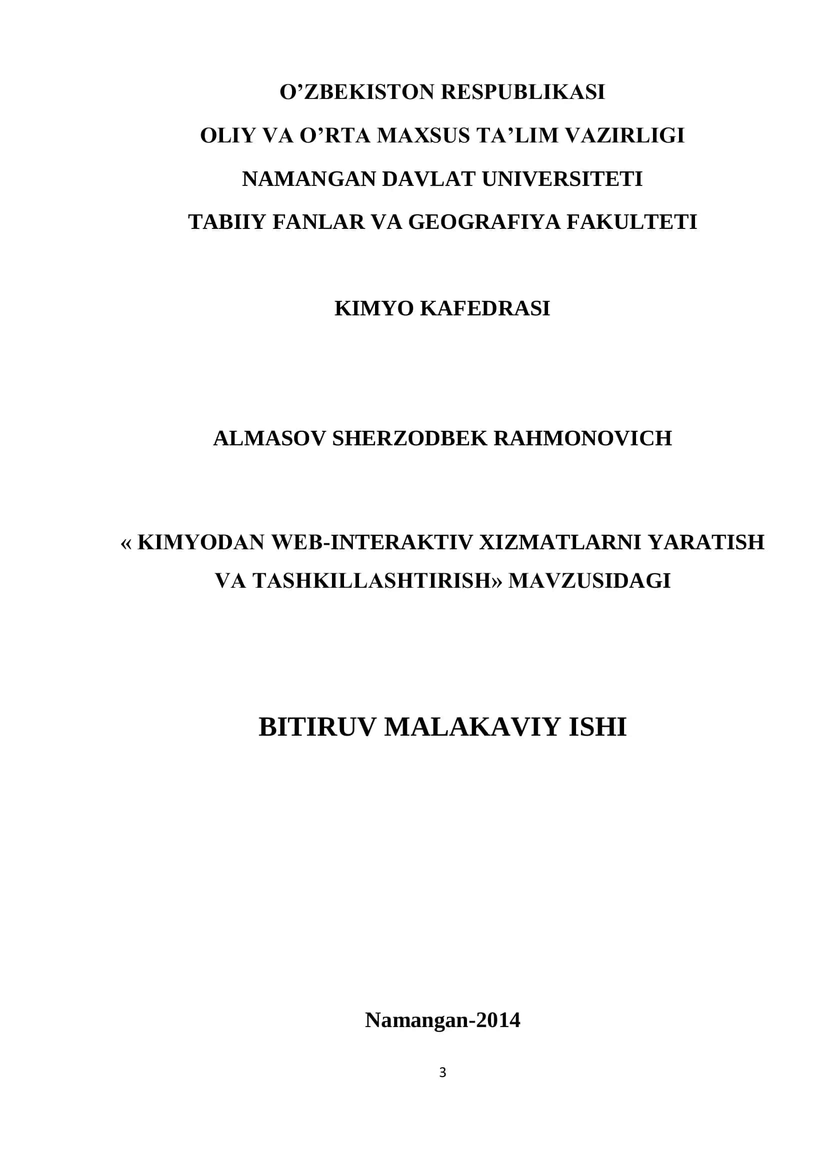 KIMYODAN WEB-INTERAKTIV XIZMATLARNI YARATISH VA TASHKILLASHTIRISH MAVZUSIDAGI BITIRUV MALAKAVIY ISHI