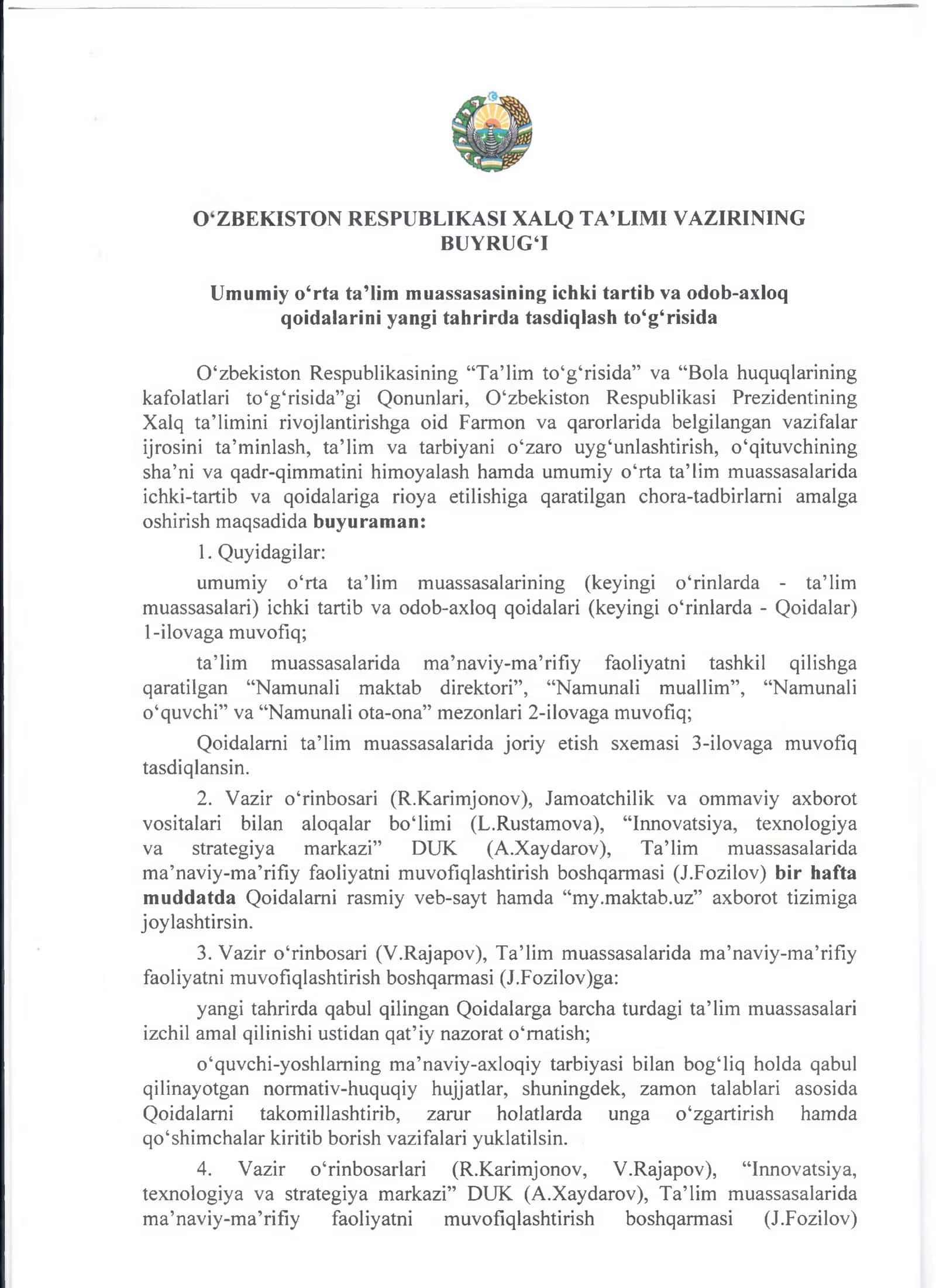 Umumiy o‘rta ta’lim muassasasining ichki tartib va odob-axloq qoidalari