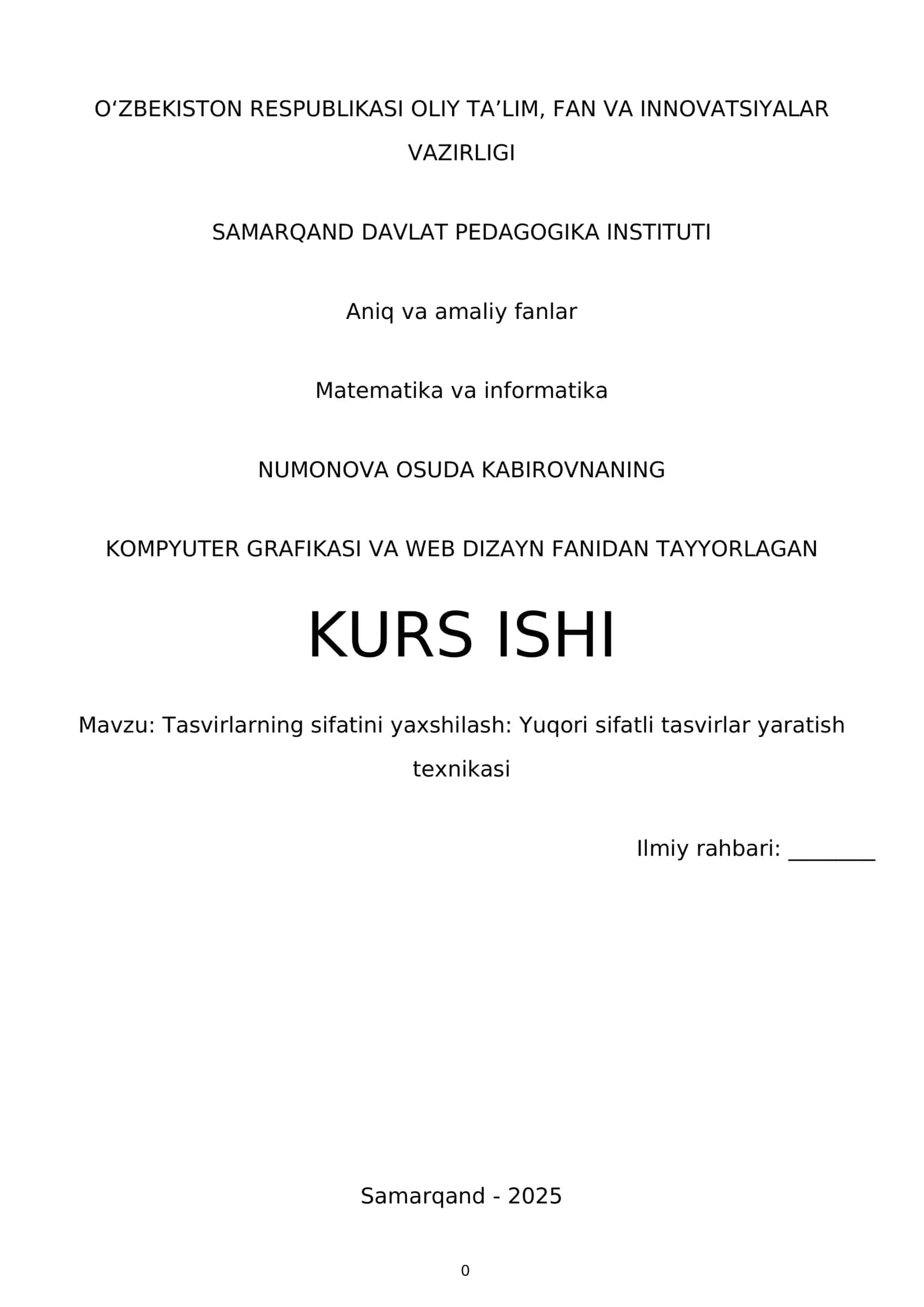 NUMONOVA OSUDA KABIROVNANING KOMPYUTER GRAFIKASI VA WEB DIZAYN FANIDAN TAYYORLAGAN KURS ISHI