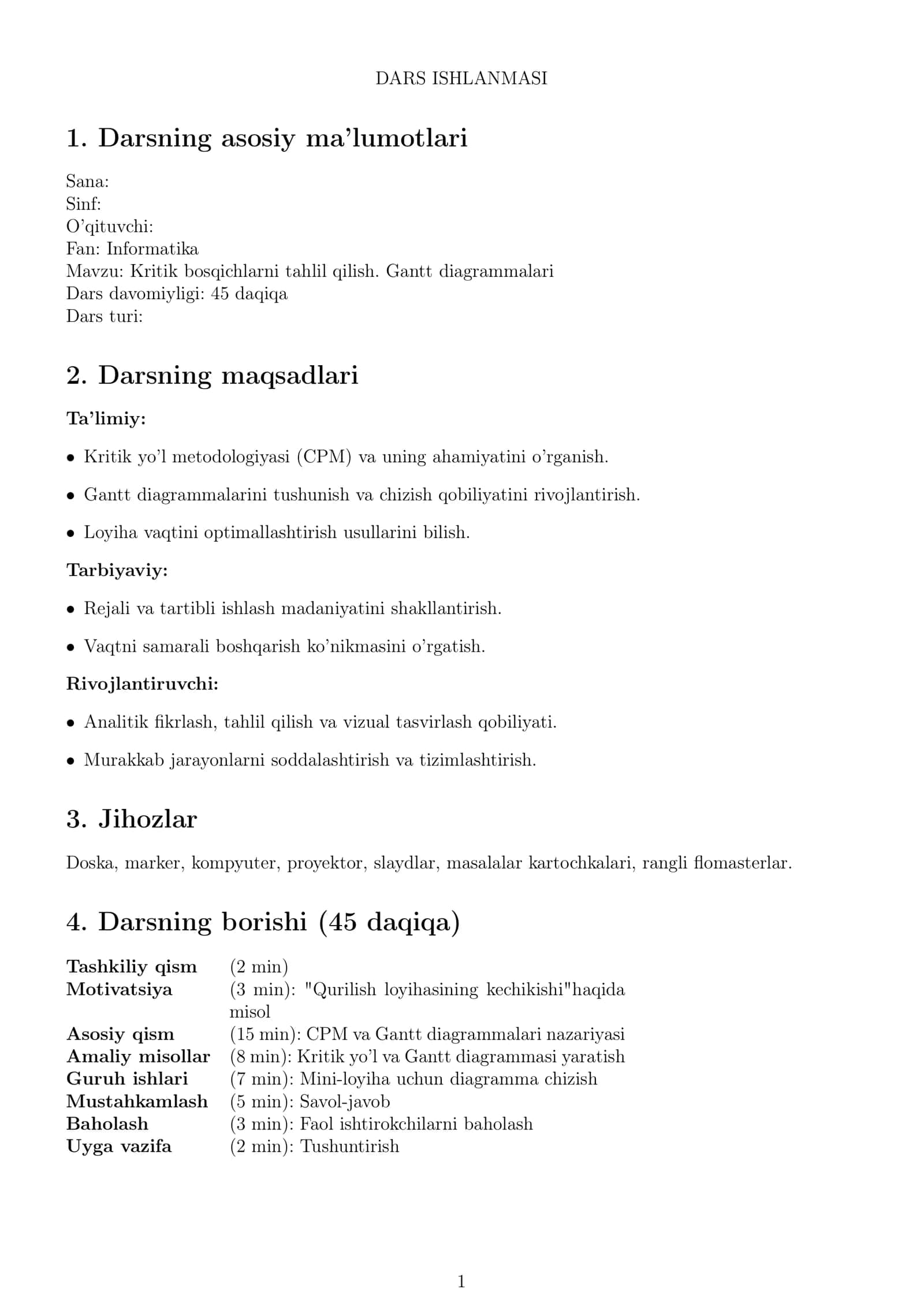Kritik bosqichlarni tahlil qilish. Gantt diagrammalari