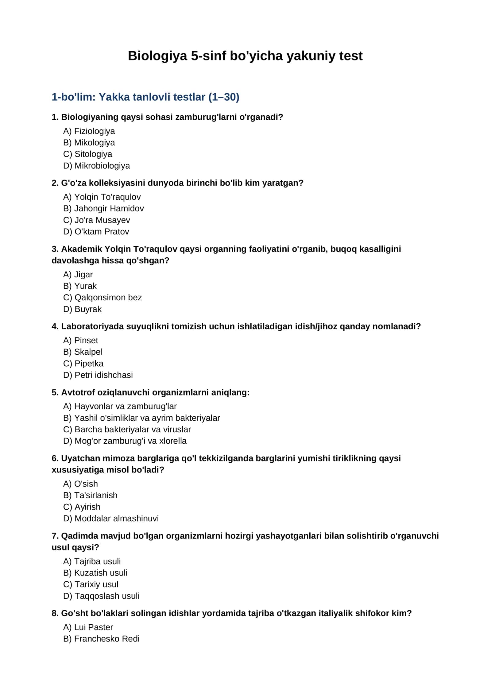 Biologiya 5-sinf bo'yicha yakuniy test