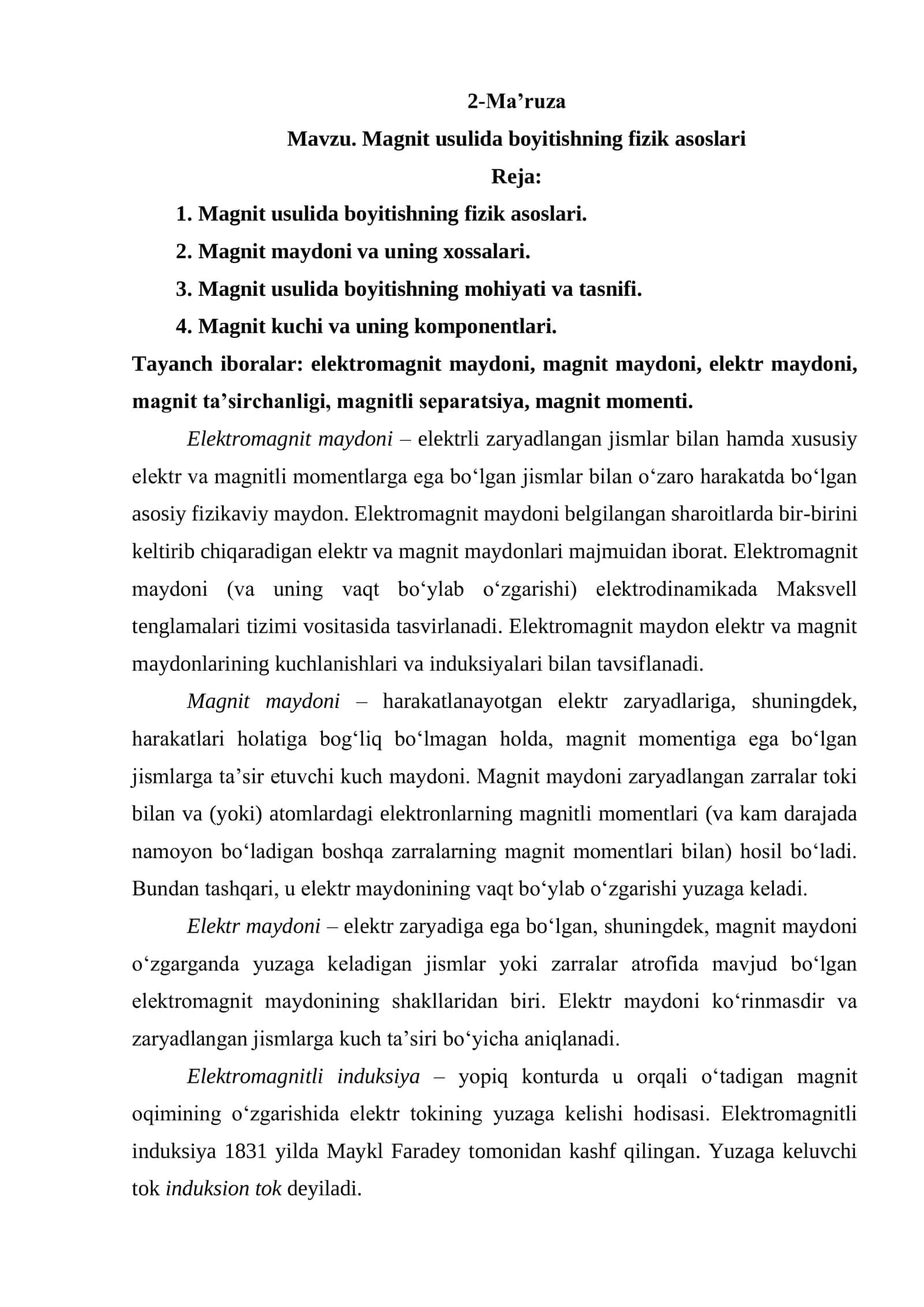 Magnit usulida boyitishning fizik asoslari