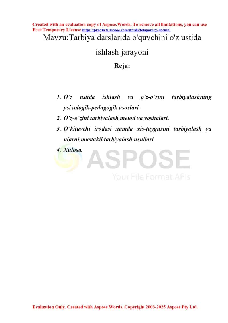 Tarbiya darslarida o'quvchini o'z ustida ishlash jarayoni