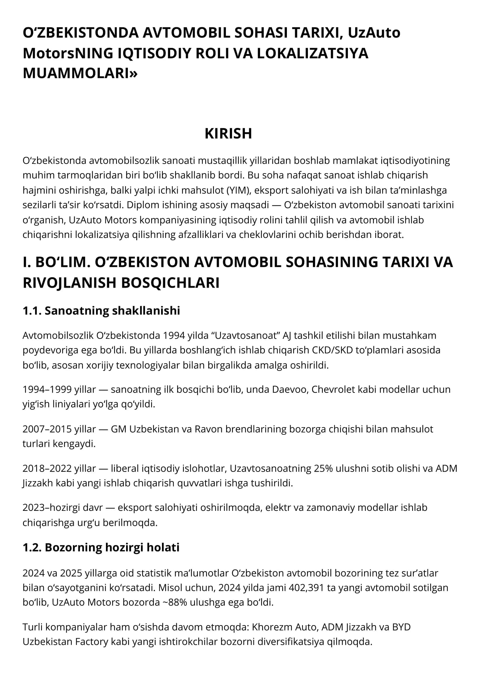 O‘ZBEKISTONDA AVTOMOBIL SOHASI TARIXI, UzAuto MotorsNING IQTISODIY ROLI VA LOKALIZATSIYA MUAMMOLARI